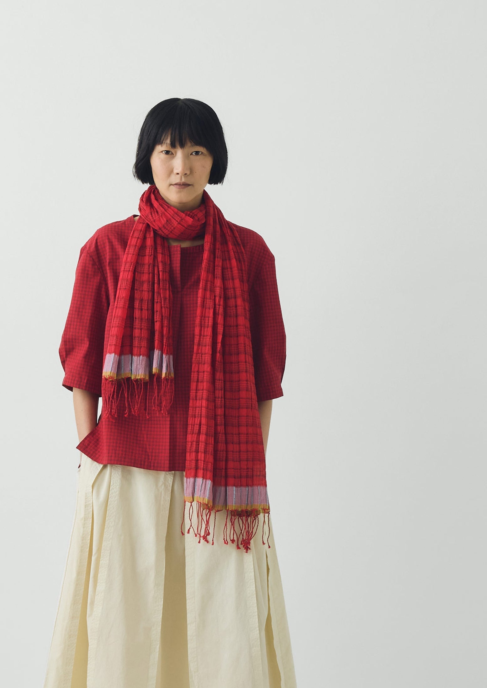 Graph Paper Check Gauzy Scarf | Vibrant Red/Slate | TOAST