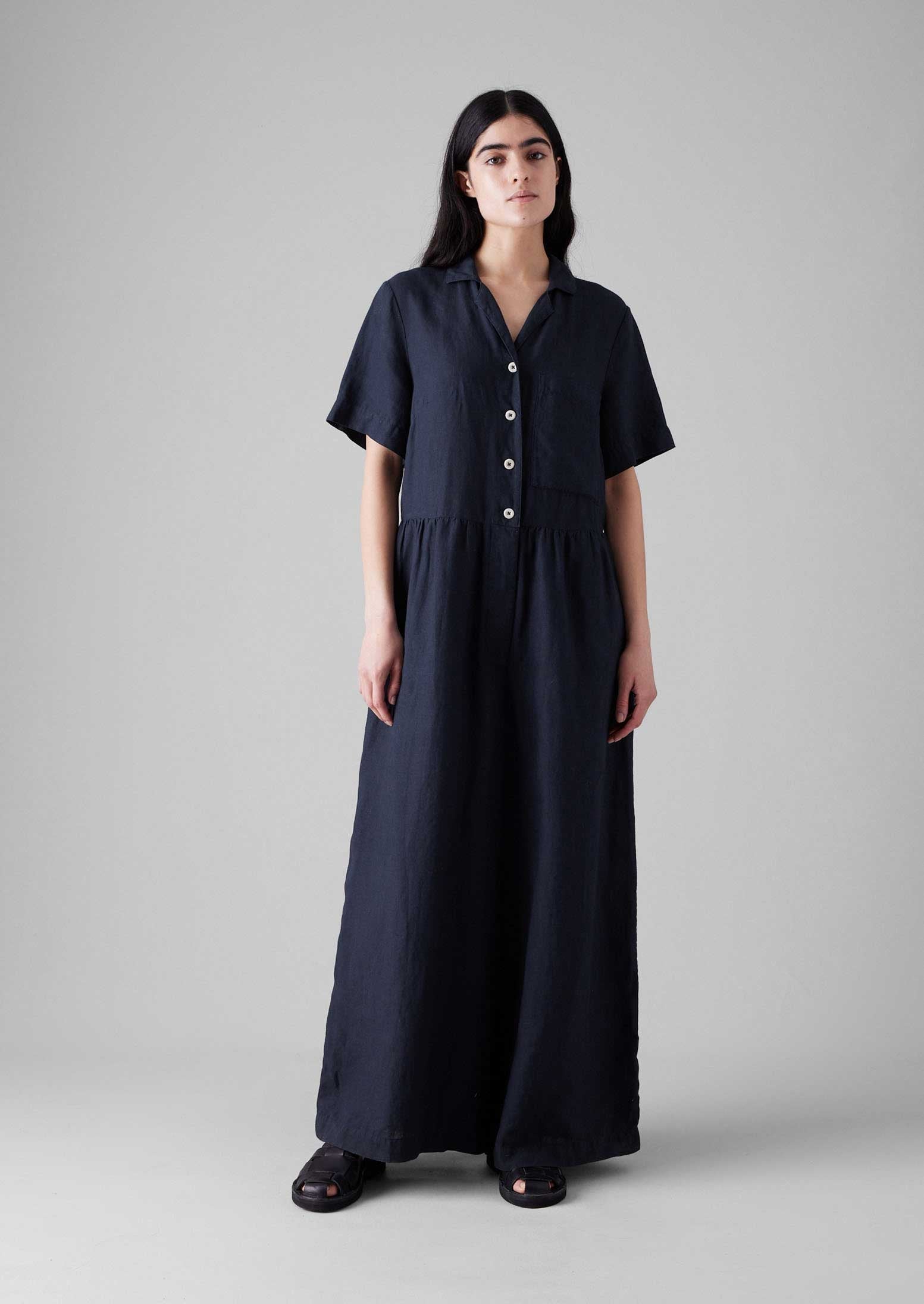Gathered Waist Linen Jumpsuit | Midnight | TOAST
