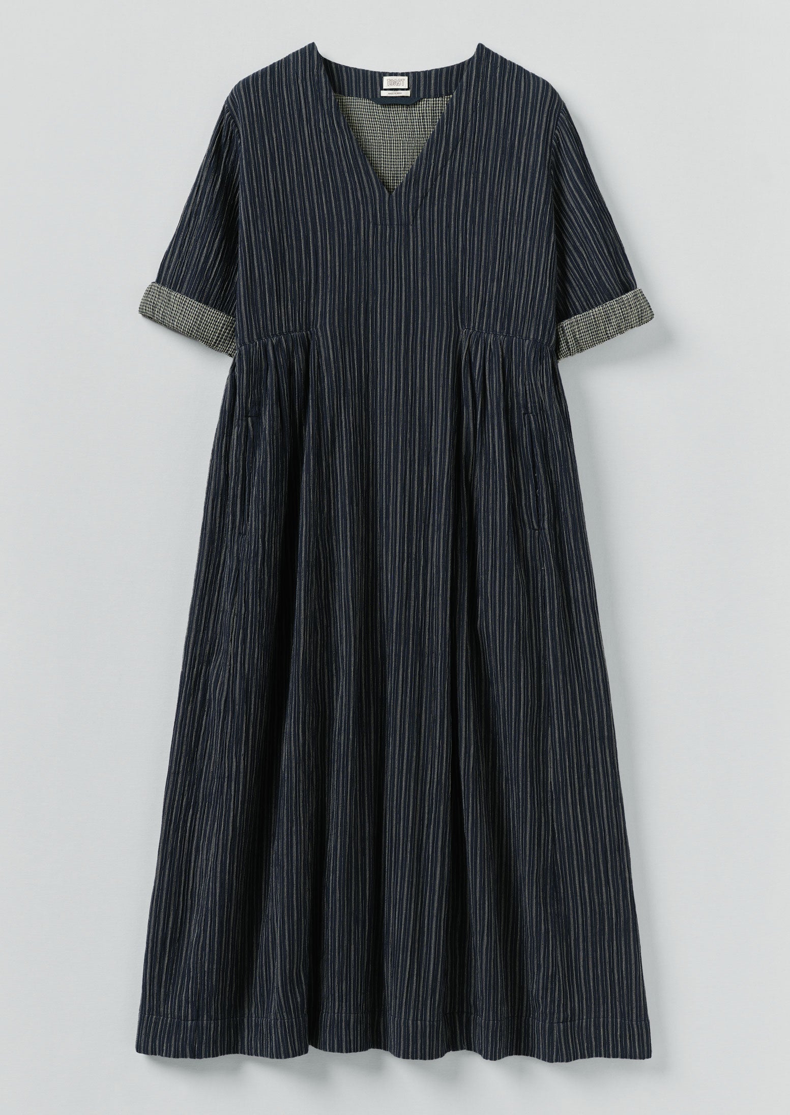 Stripe Crinkled Cotton V Neck Dress | Midnight Blue | TOAST