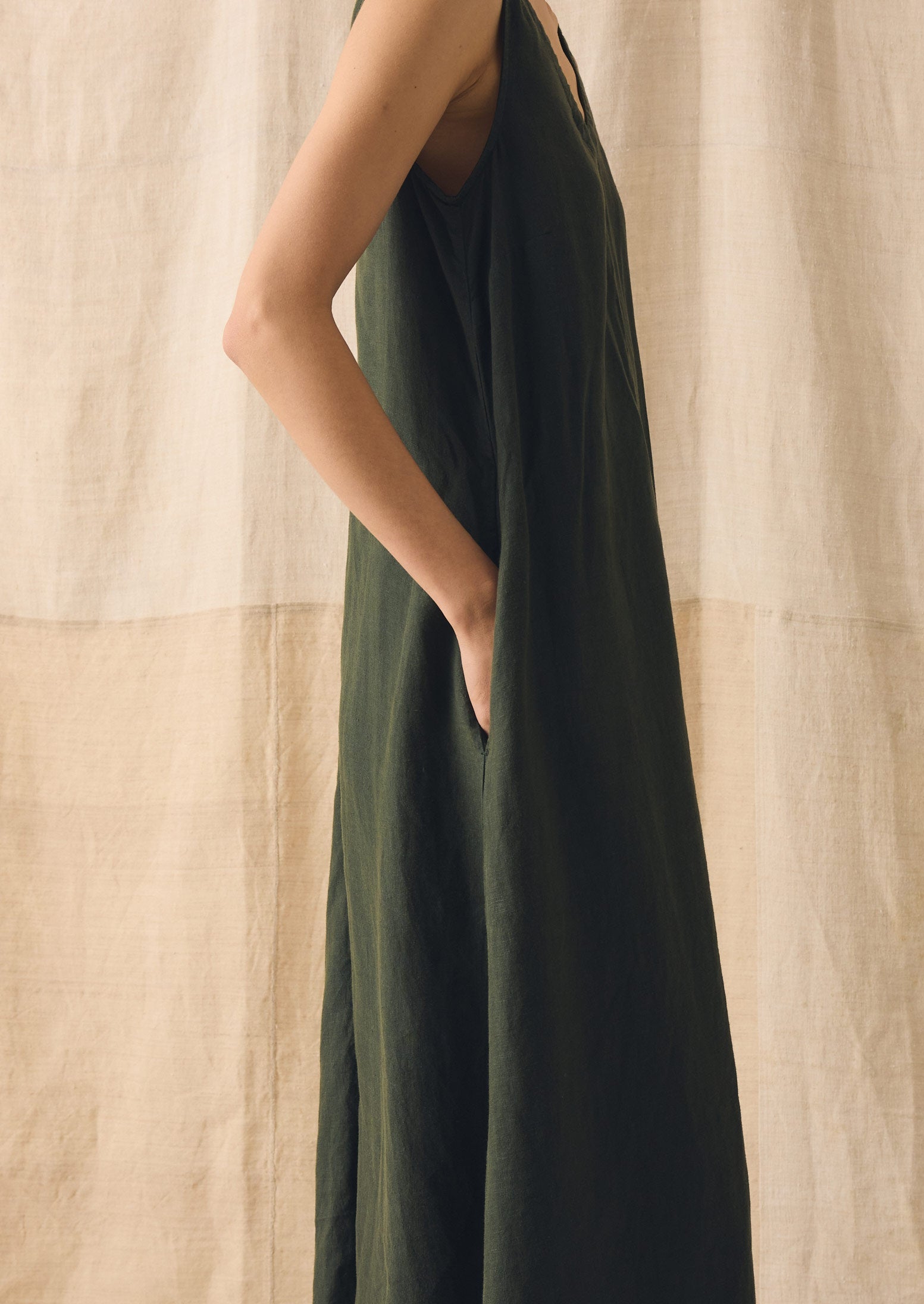 Garment Dyed Linen Sleeveless Dress | Dark Olive | TOAST