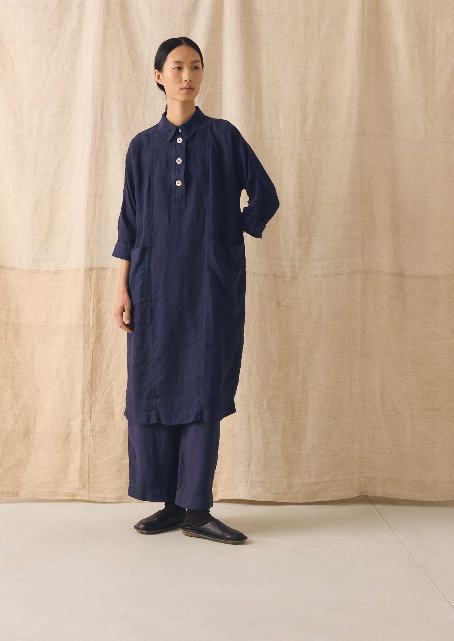 Garment Dyed Linen Tunic Dress | Blueberry