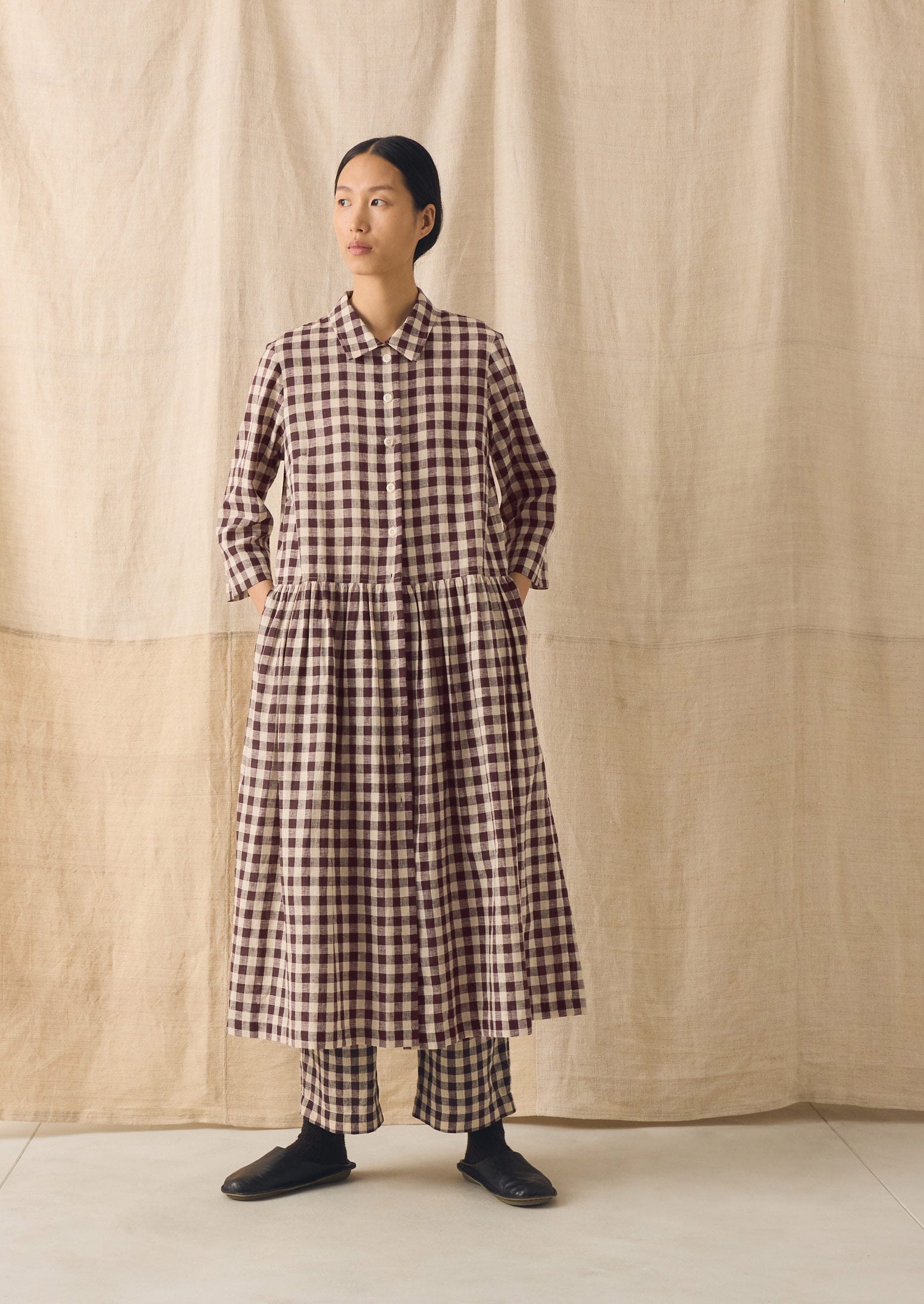 Check Linen Cotton Shirt Dress