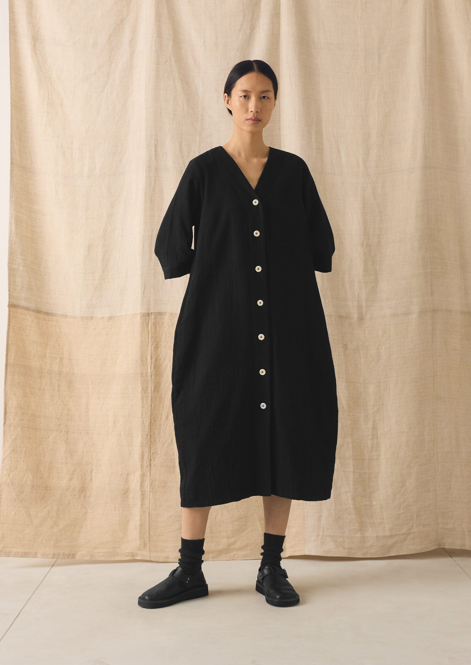 Button Front Crinkle Cotton Dress