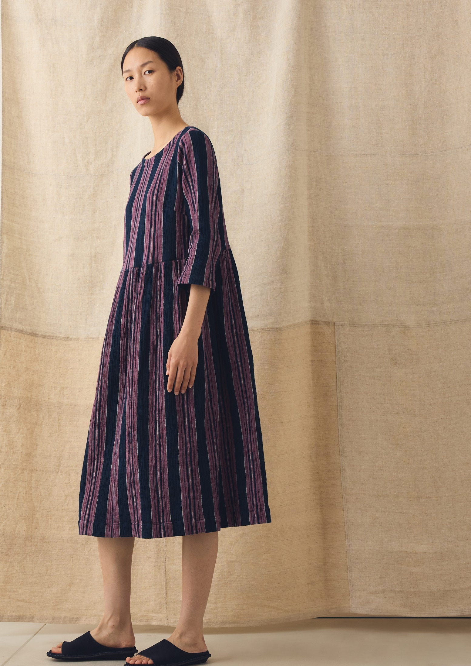 Freya Stripe Crinkle Cotton Dress | Midnight/Rose | TOAST