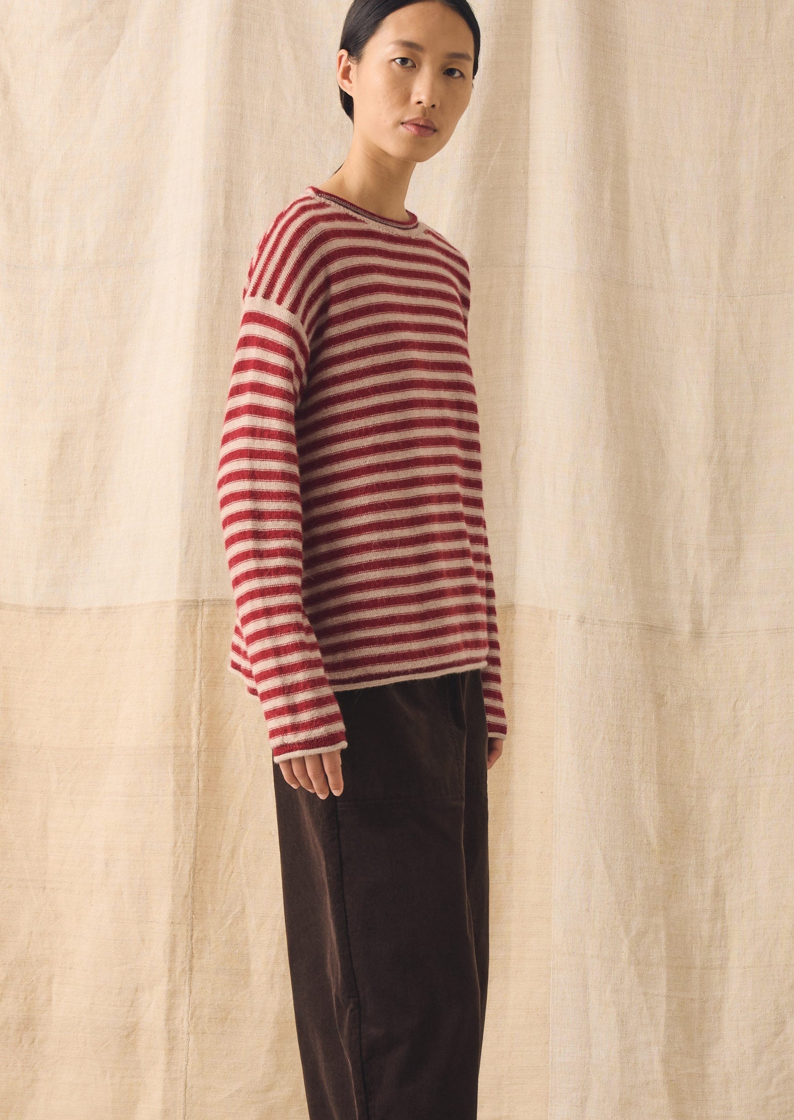Stripe Lofty Alpaca Wool Sweater | Oatmeal/Red | TOAST
