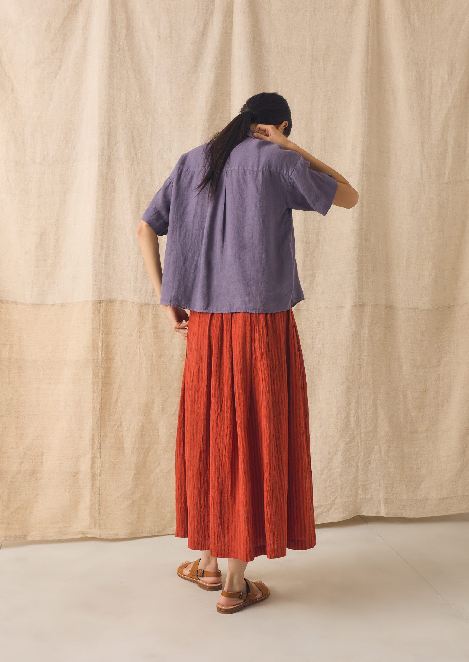 Pleated Cotton Stripe Skirt | Tomato | TOAST
