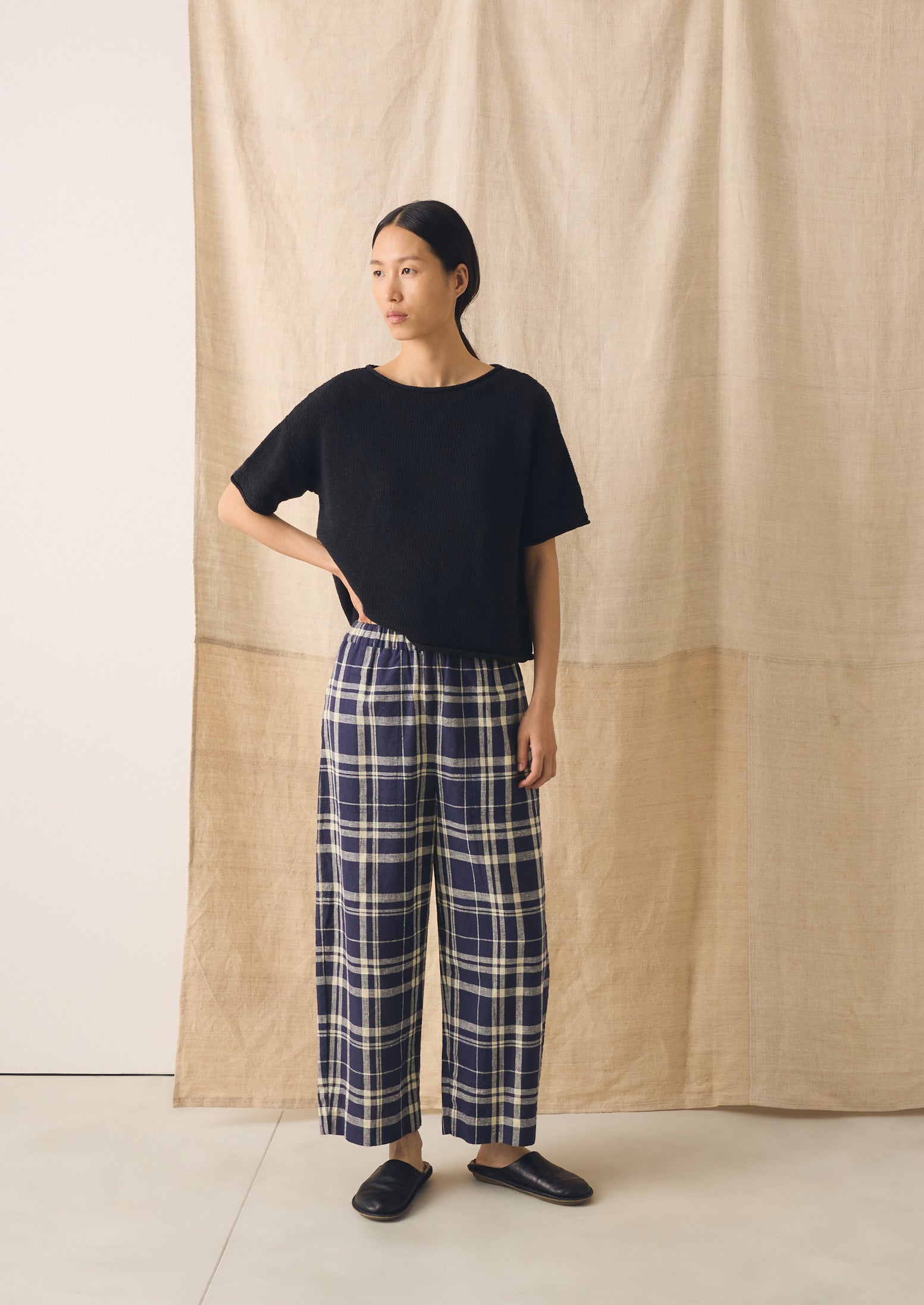 searoomlynn cotton wash チェック mini pants Barrel Leg Check Linen Cotton Pants| Blue/Soya | TOAST