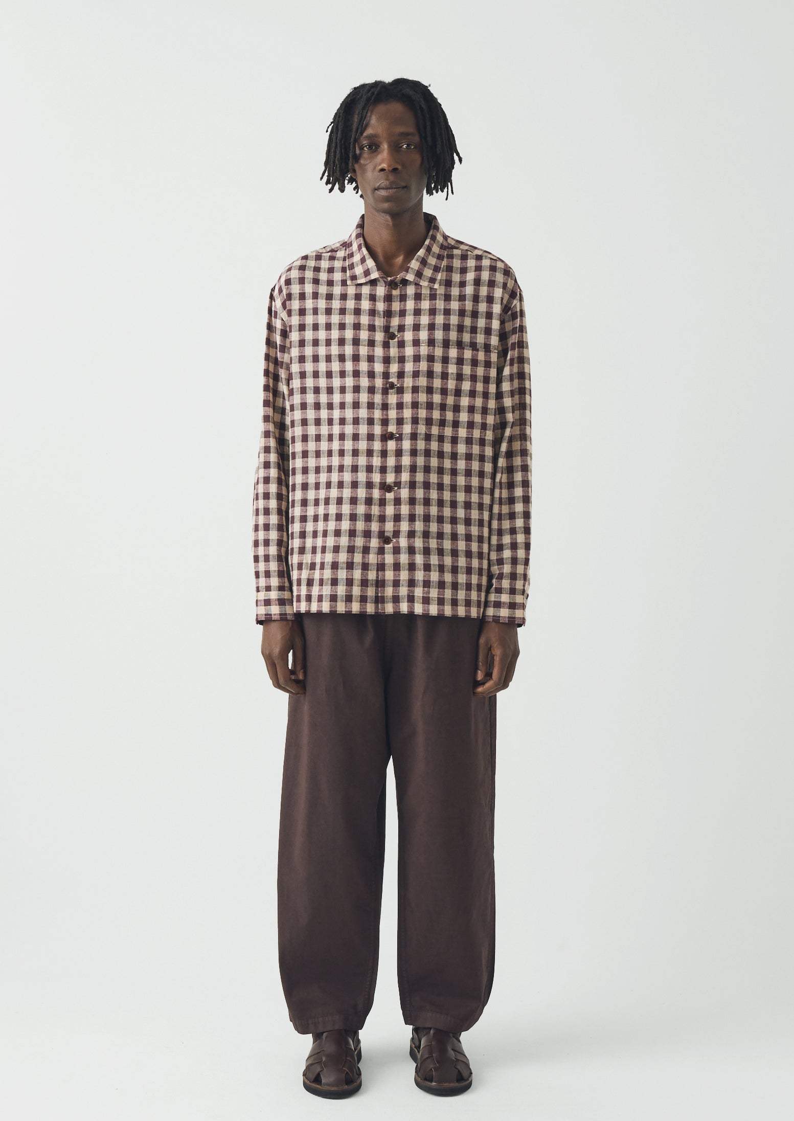 Toast Brown Ecru Gingham Cotton Linen Shirt Medium / Brown Ecru