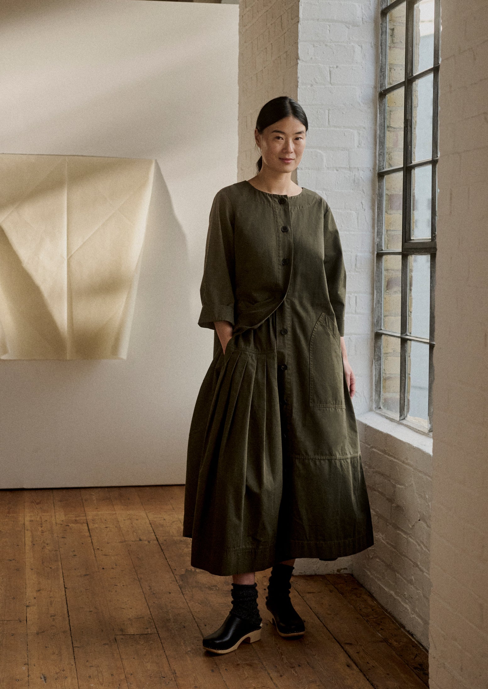 toast green dress TOAST Olive Green Cotton Dress with Sailor Style Neckline (C)(6)  The  Thrifty Hippy