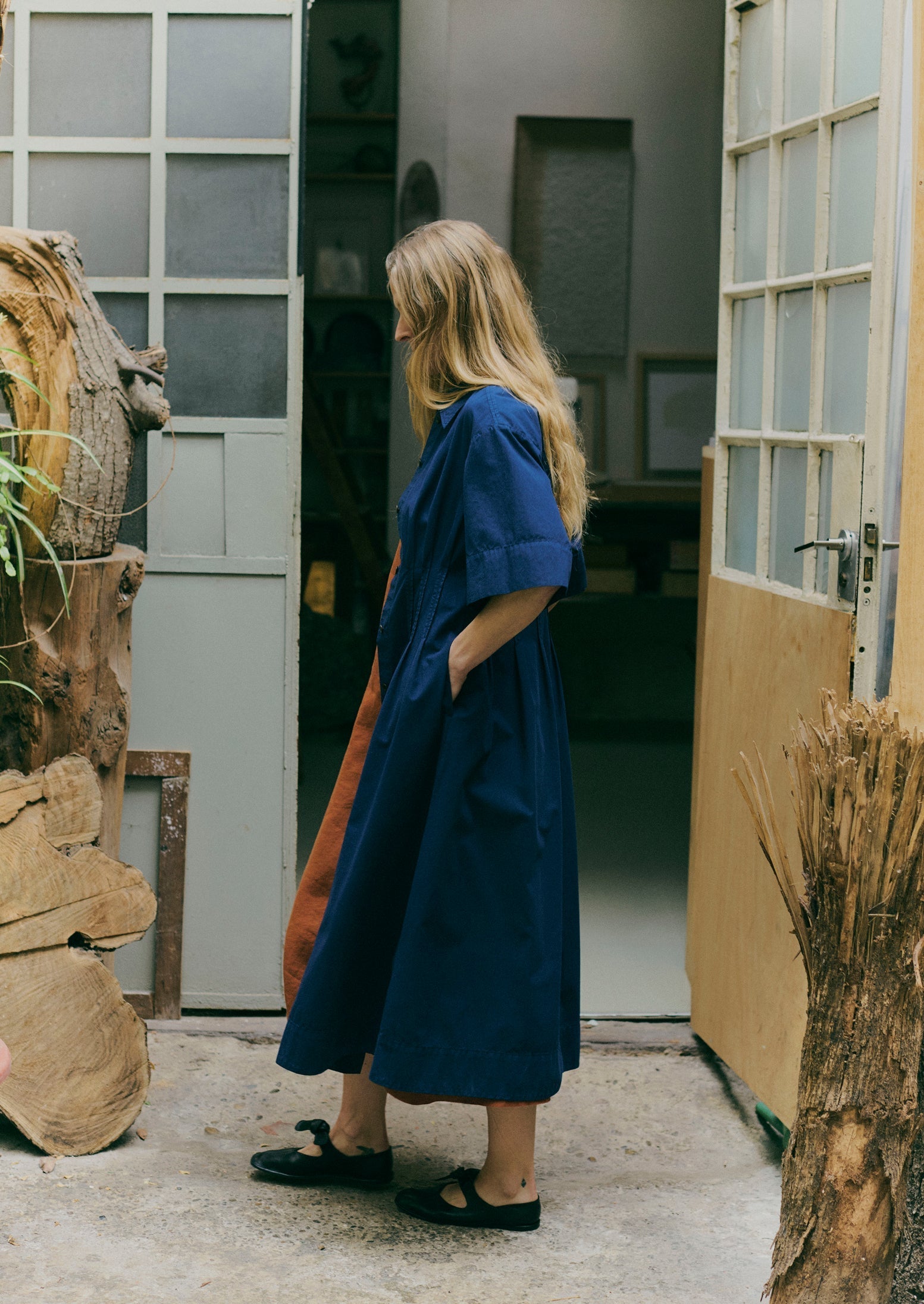 cotton linen fabric dress Women's Printed Cotton-Linen Belted Dress in Kelp Forest size 8/10
