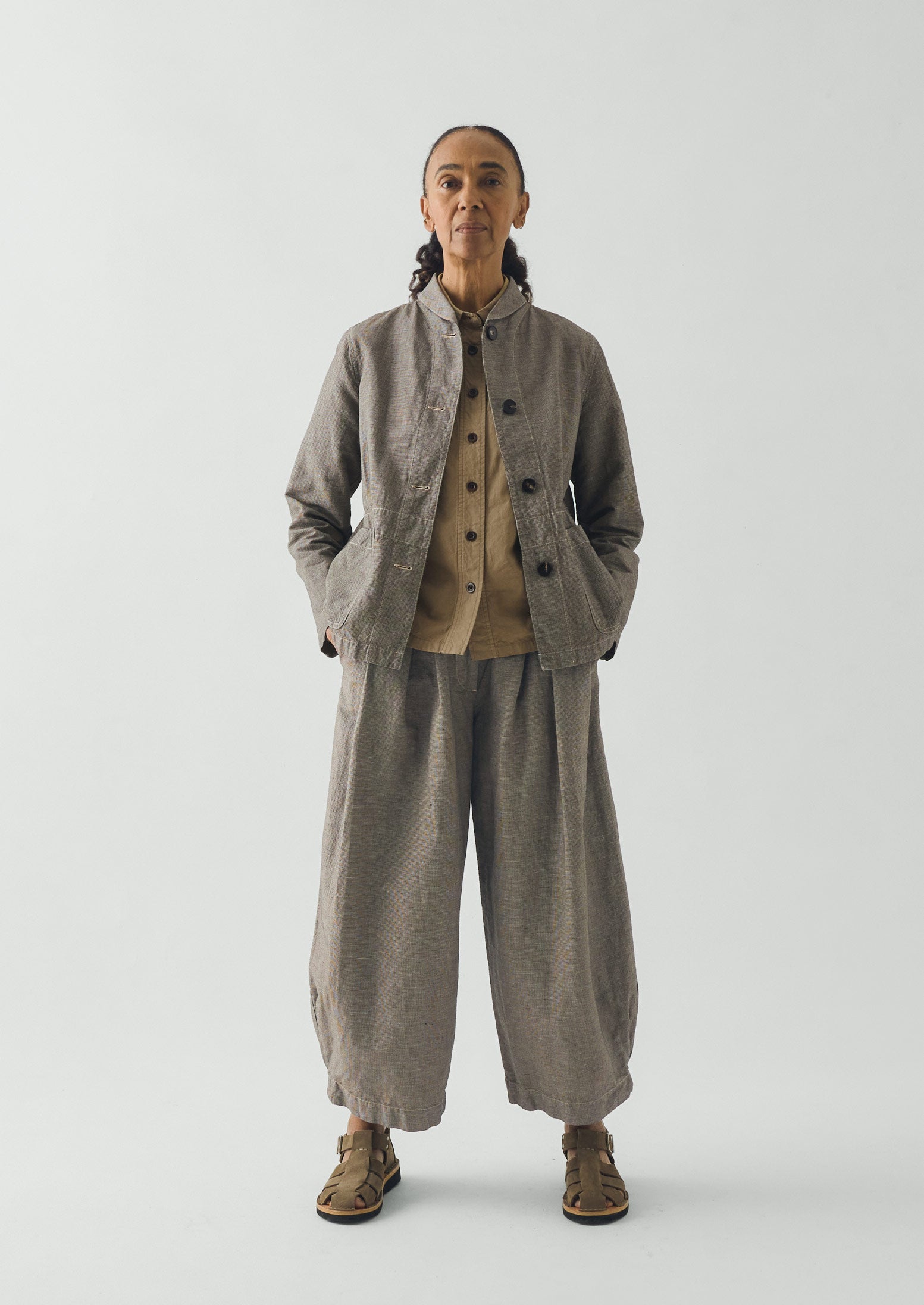 Hal Micro Houndstooth Cotton Linen Workwear Jacket | Vintage White