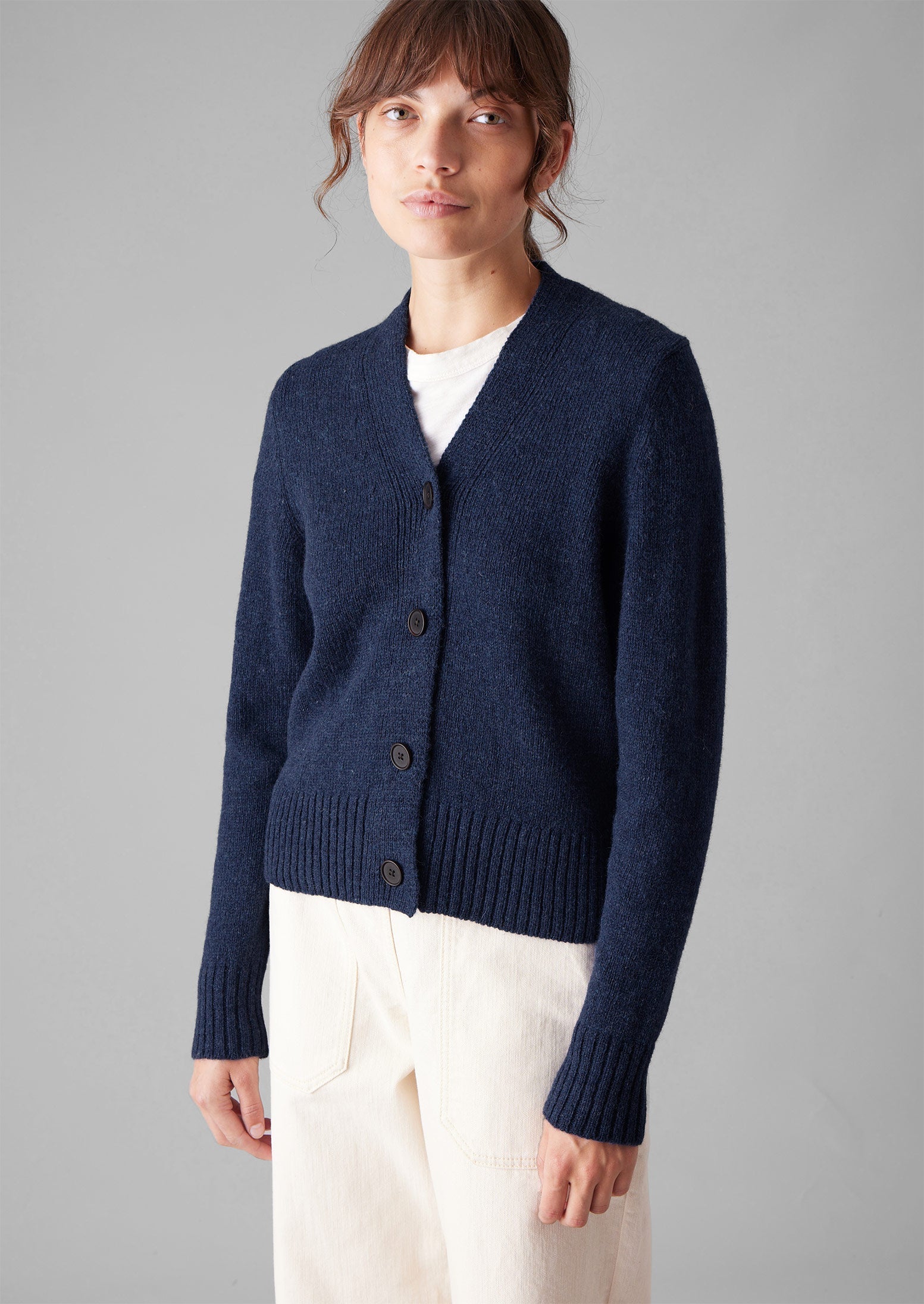 Kaia V-Neck Wool Cardigan | Navy Melange | TOAST