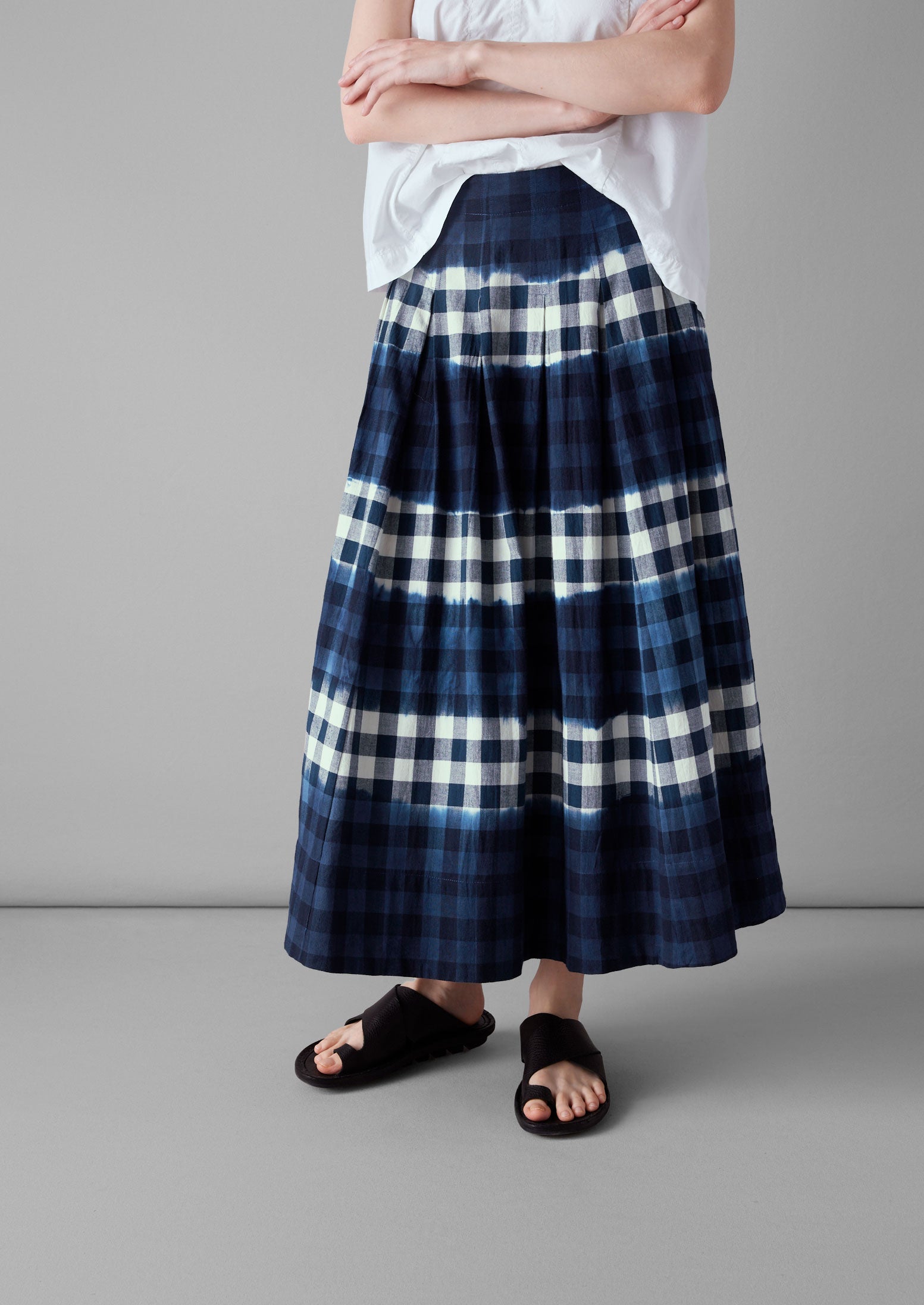 Dip Dye Stripe Gingham Cotton Skirt | Navy/Ecru