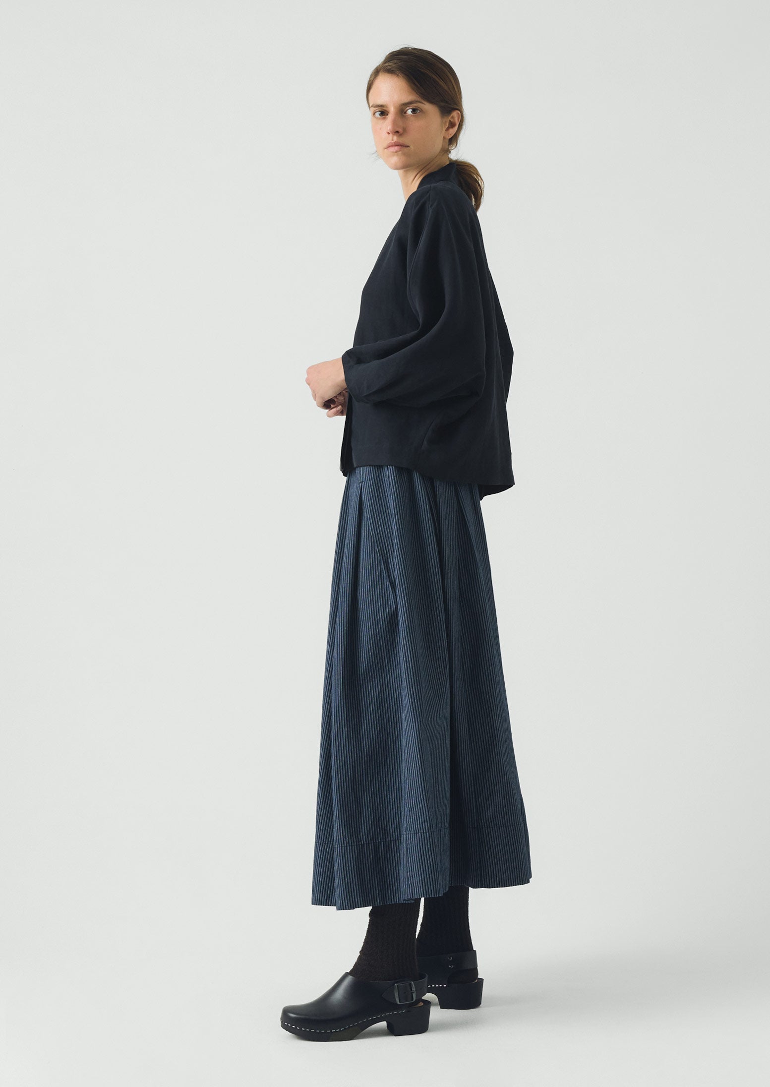 Railroad Stripe Pleated Cotton Skirt | Denim Blue | TOAST