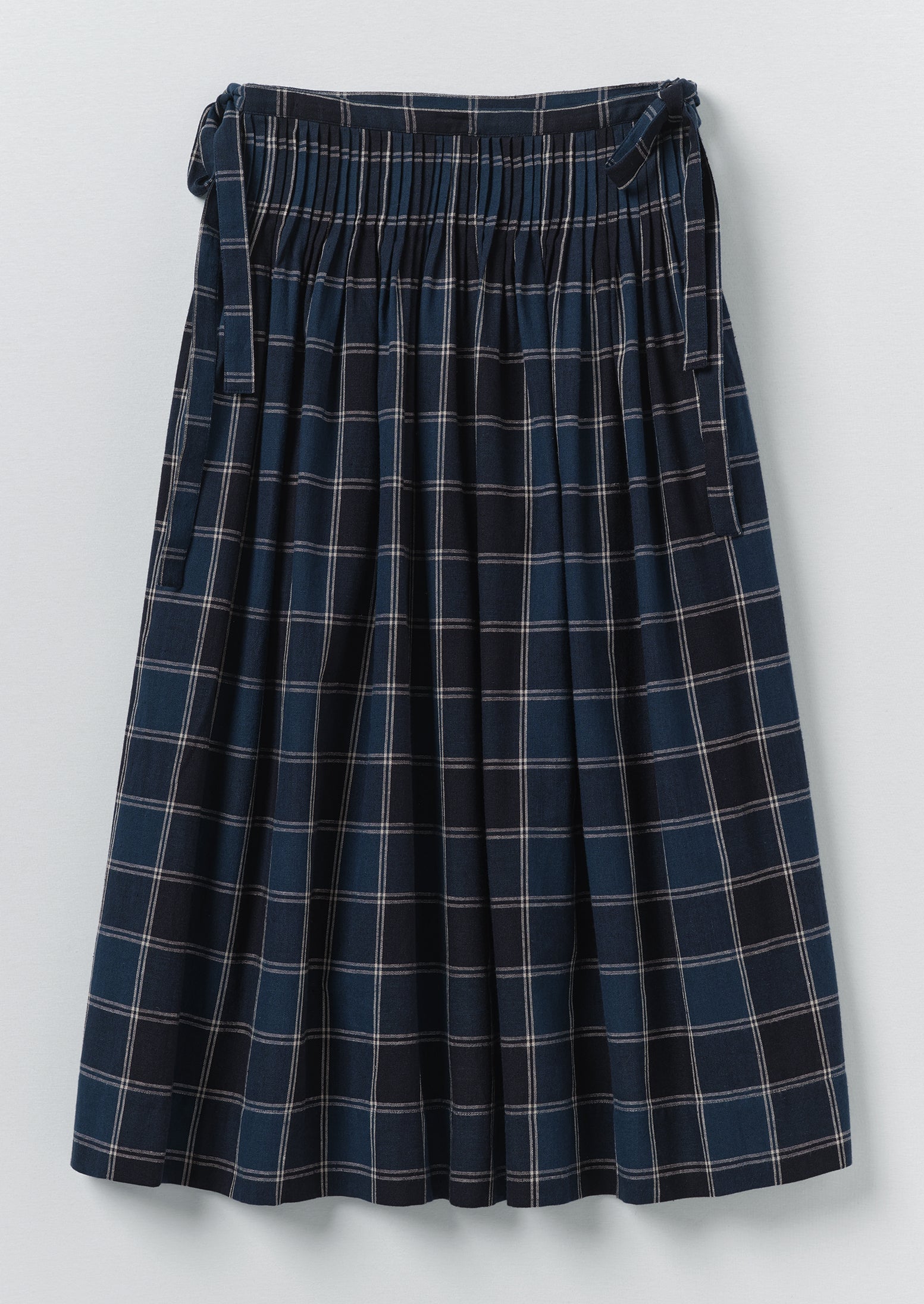 Market Check Pleated Cotton Linen Skirt | Denim Blue | TOAST