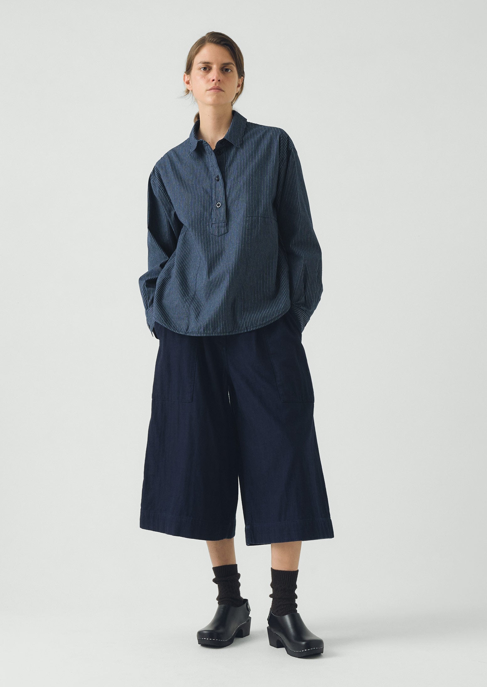Railroad Stripe Cotton Smock Popover Shirt | Denim Blue | TOAST