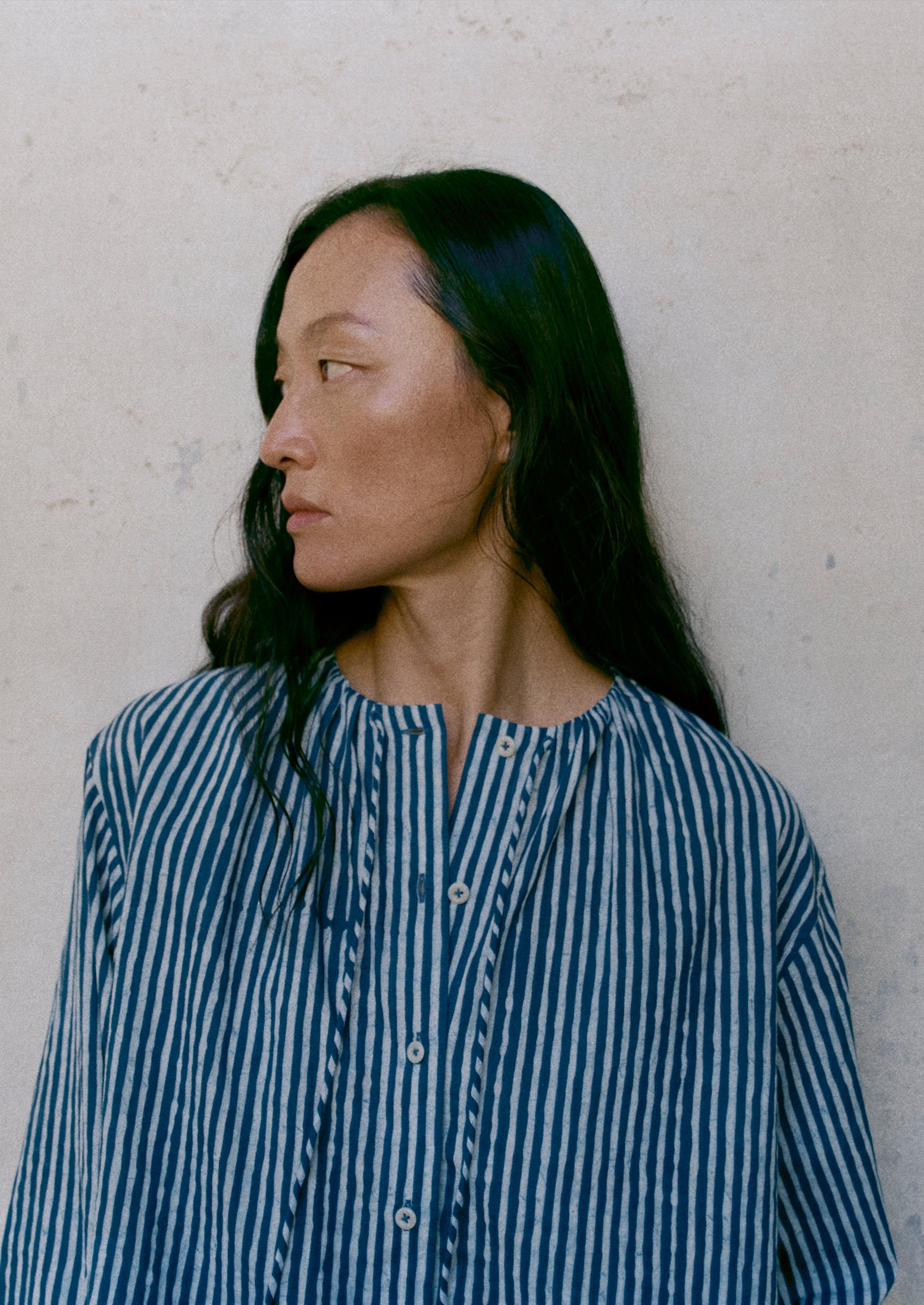 Natural Dye Stripe Cotton Gathered Top | Indigo | TOAST