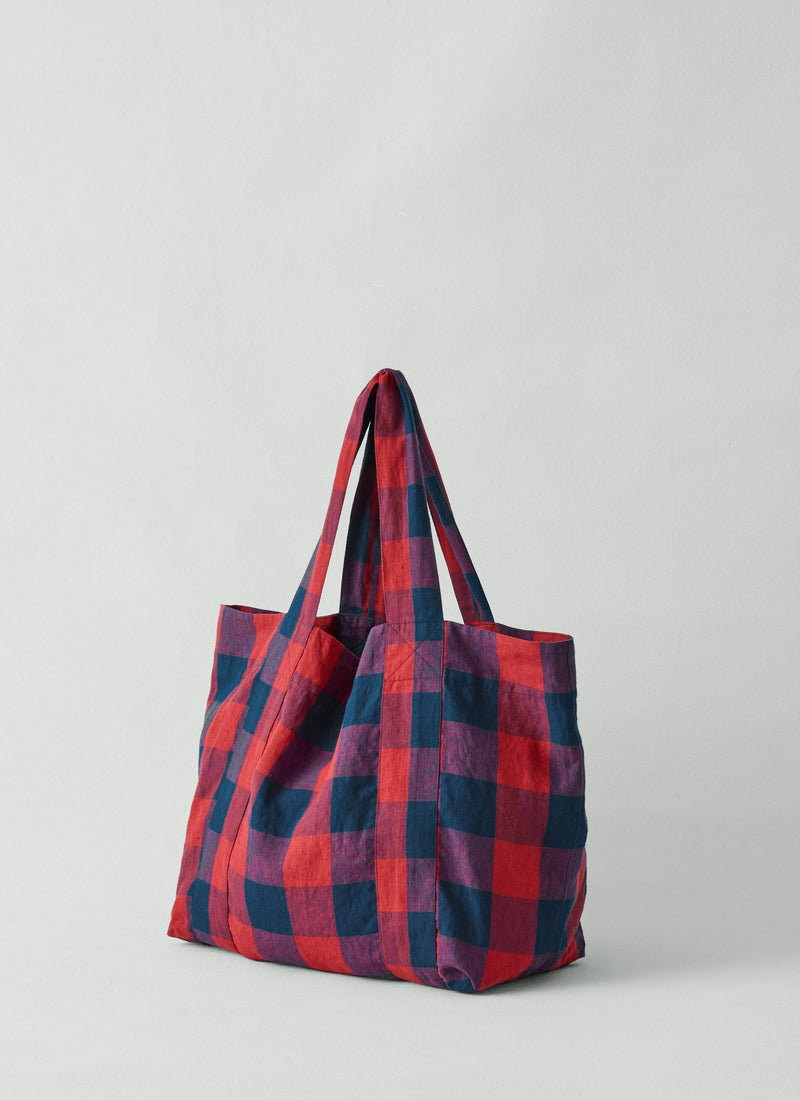Gingham Check Linen Bag | Raspberry/Blue