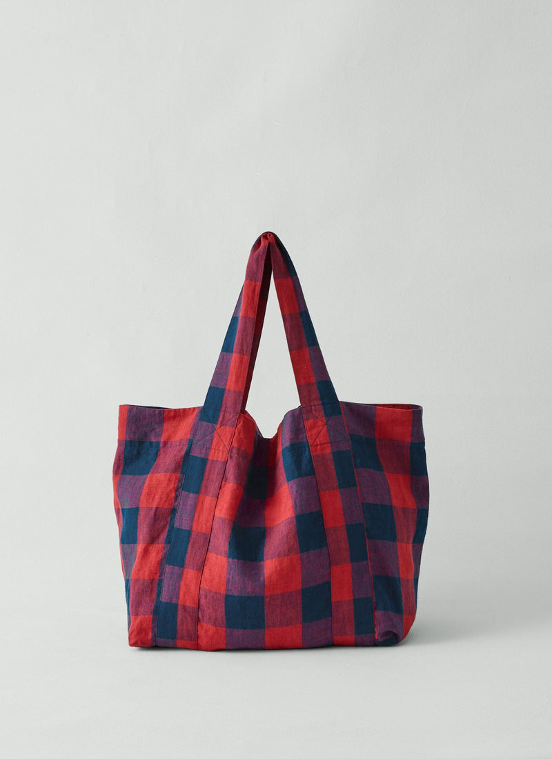 Gingham Check Linen Bag | Raspberry/Blue
