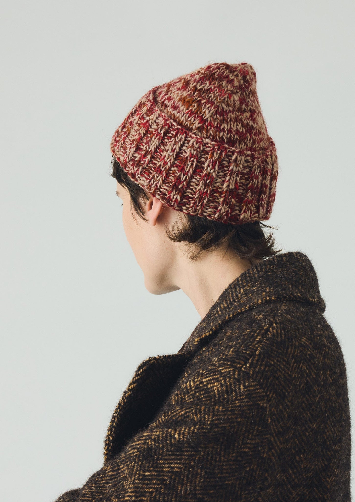Hand Knitted Marl Beanie | Claret Red/Stone