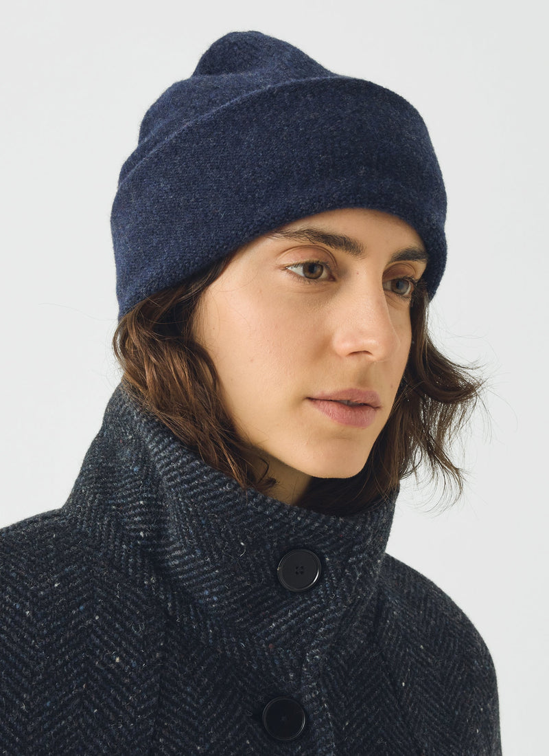 Washed Lambswool Beanie Hat | Navy Melange