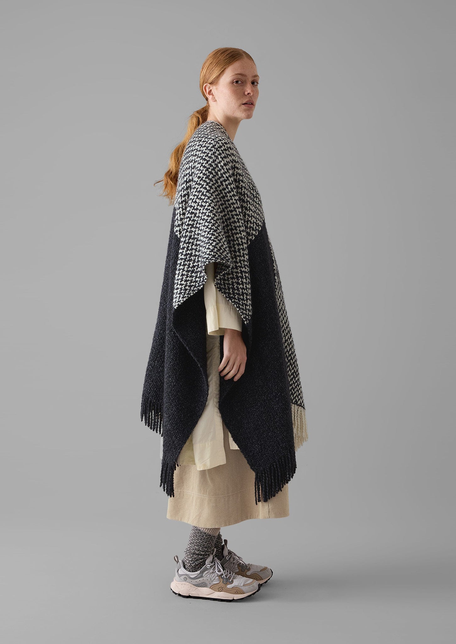 Check Merino Blend Wrap Scarf | Slate/Ecru