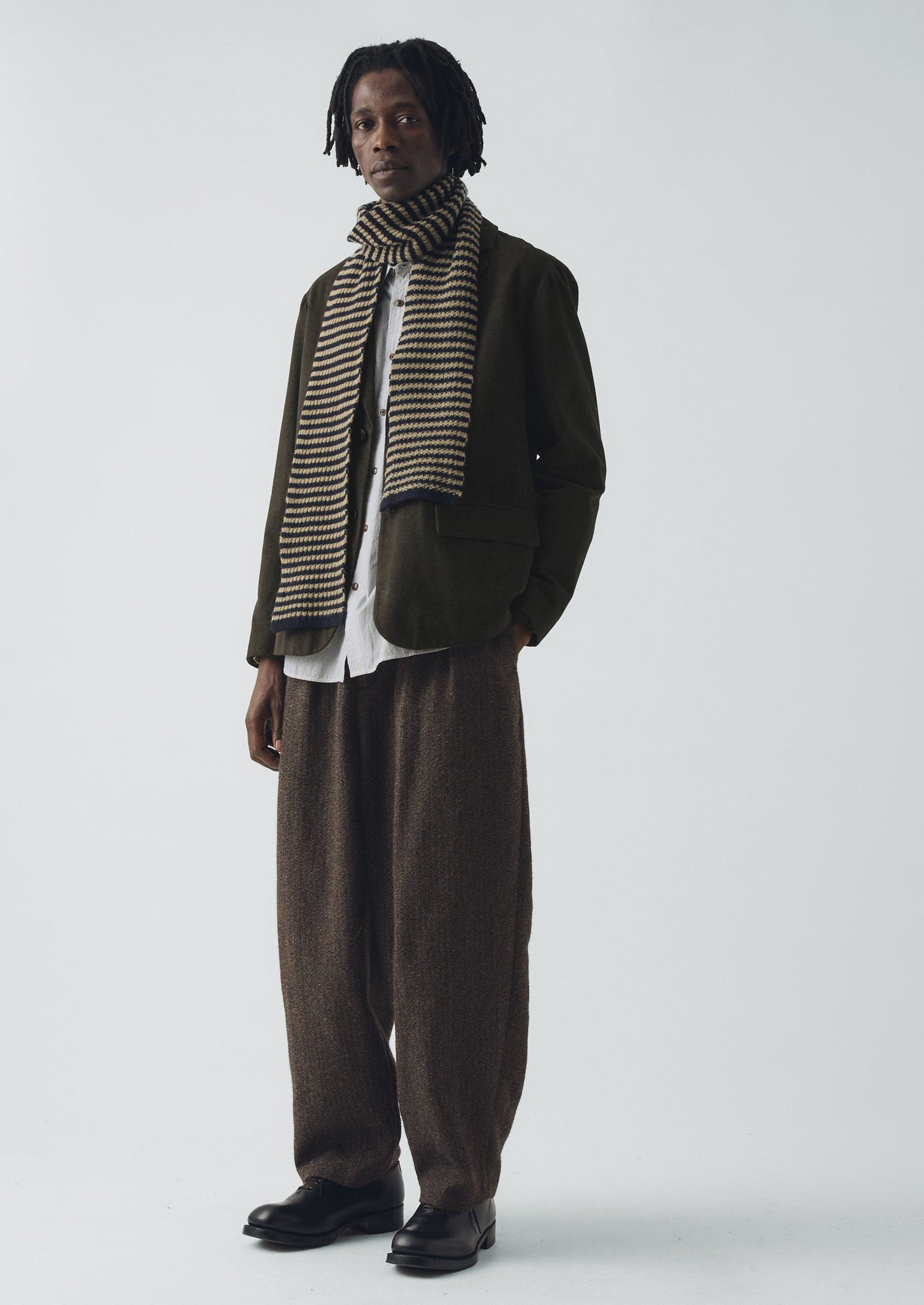 Micro Cable Striped Wool Scarf | Navy/Putty