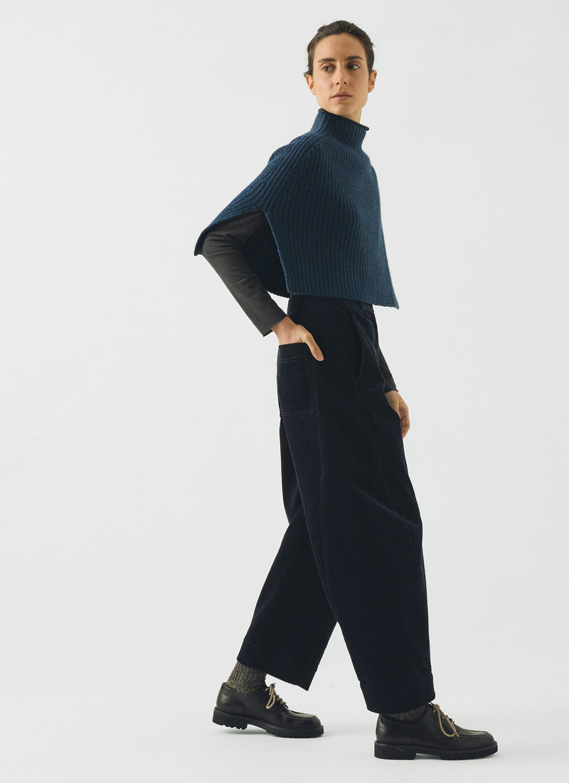 Ribbed Wool Cashmere Poncho | Navy Blue Melange