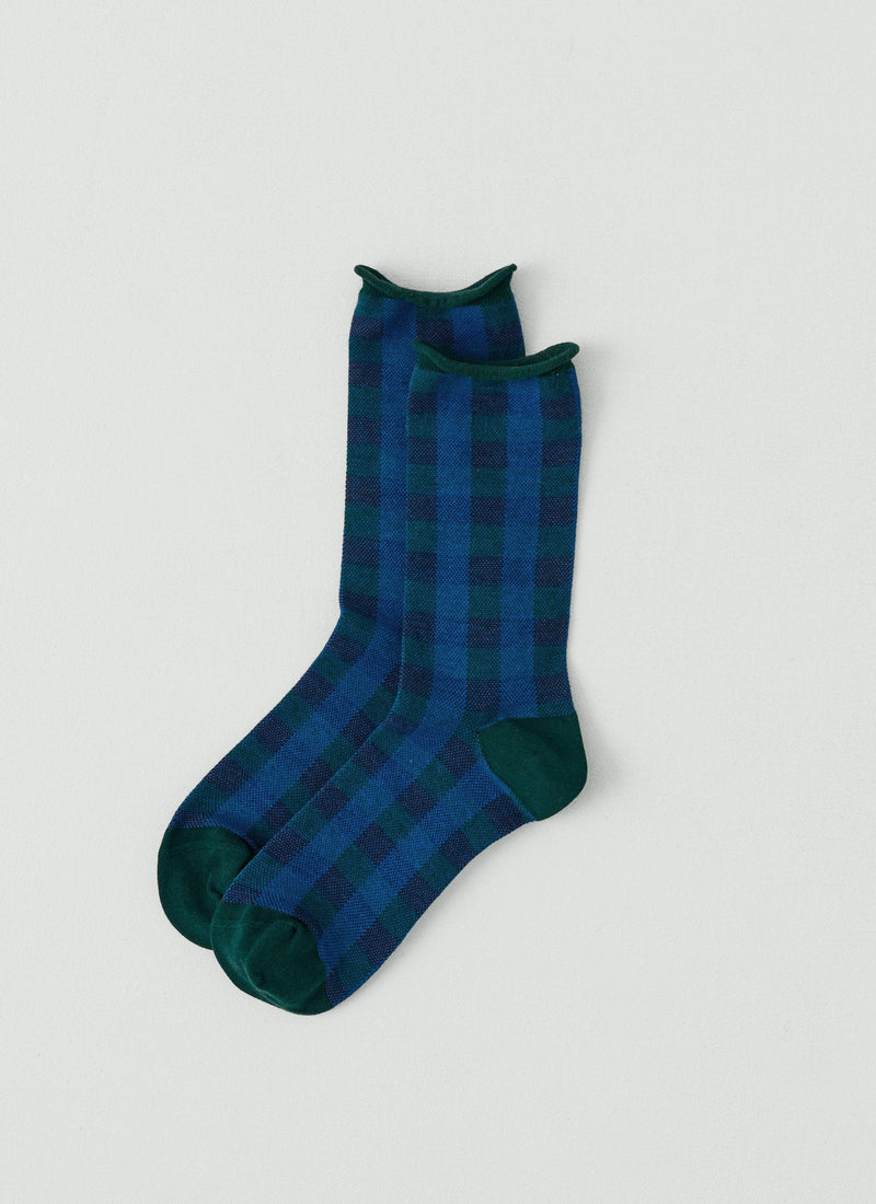 Check Cotton Cashmere Socks | Bottle Green/Blue