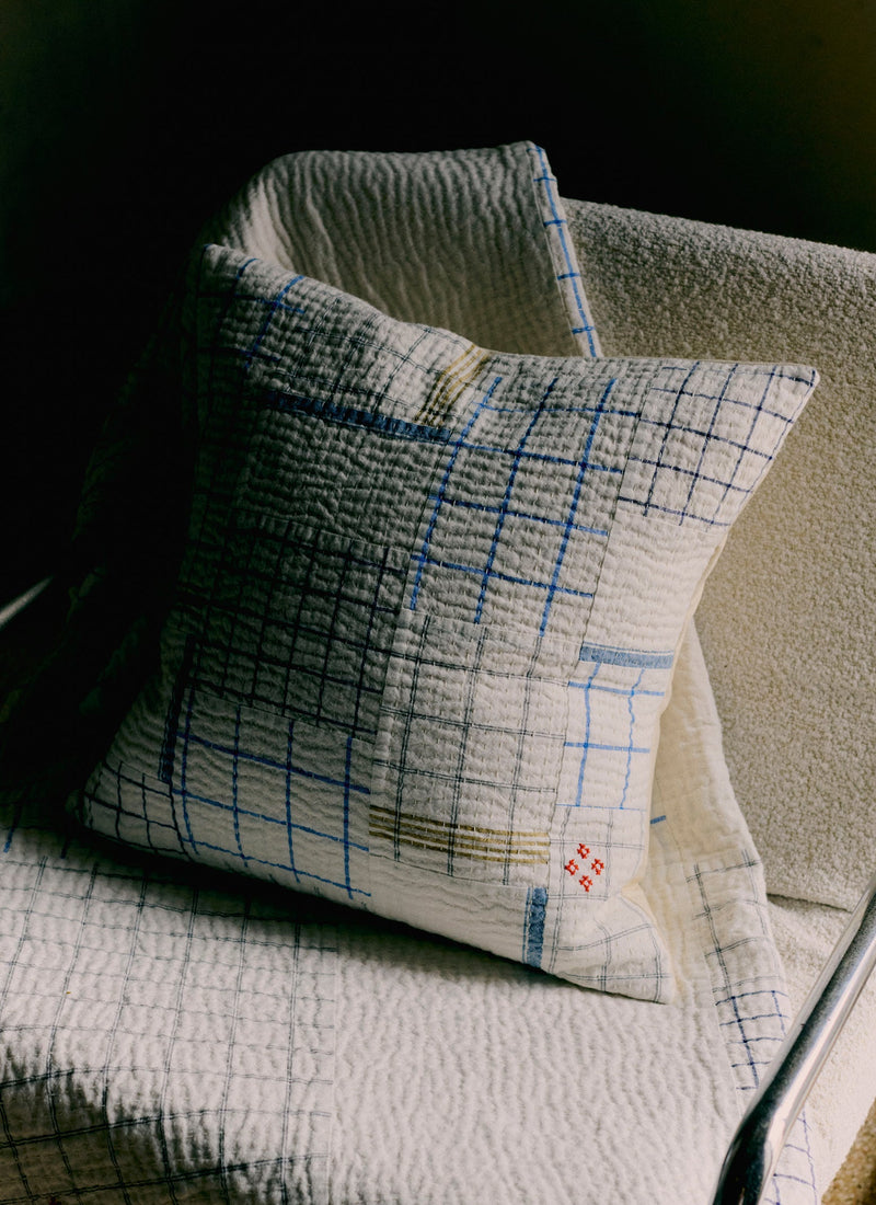 Tea Towel Check Patchwork Cushion Cover | Ecru/Multi