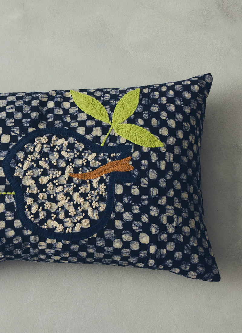 Batik Embroidered Pomegranate Pillow Cover | Provencal Blue