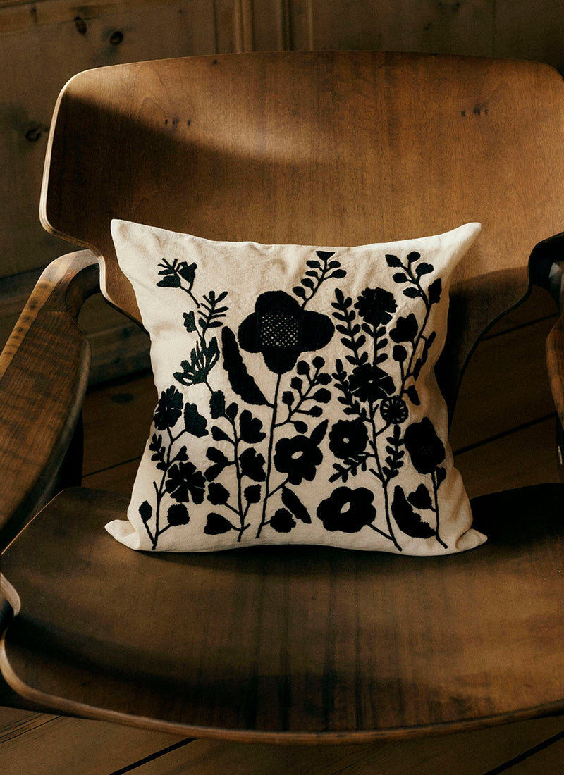 Floral Folk Embroidered Pillow Cover | Cream/Kohl