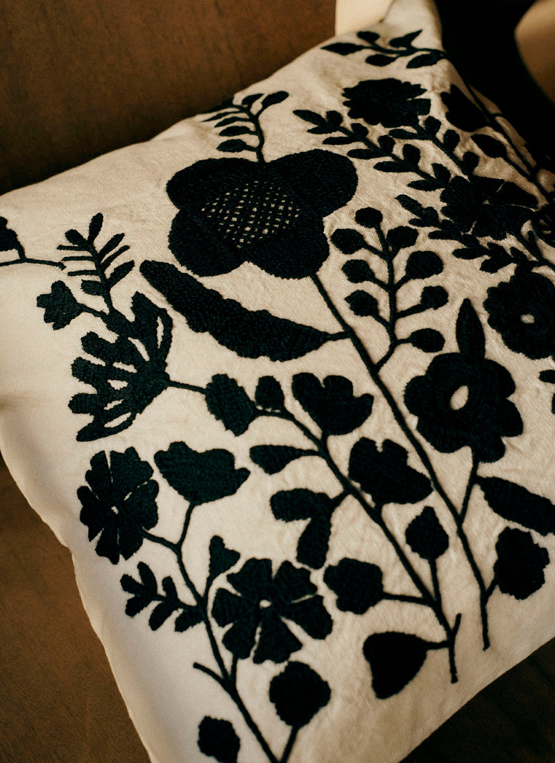 Floral Folk Embroidered Pillow Cover | Cream/Kohl