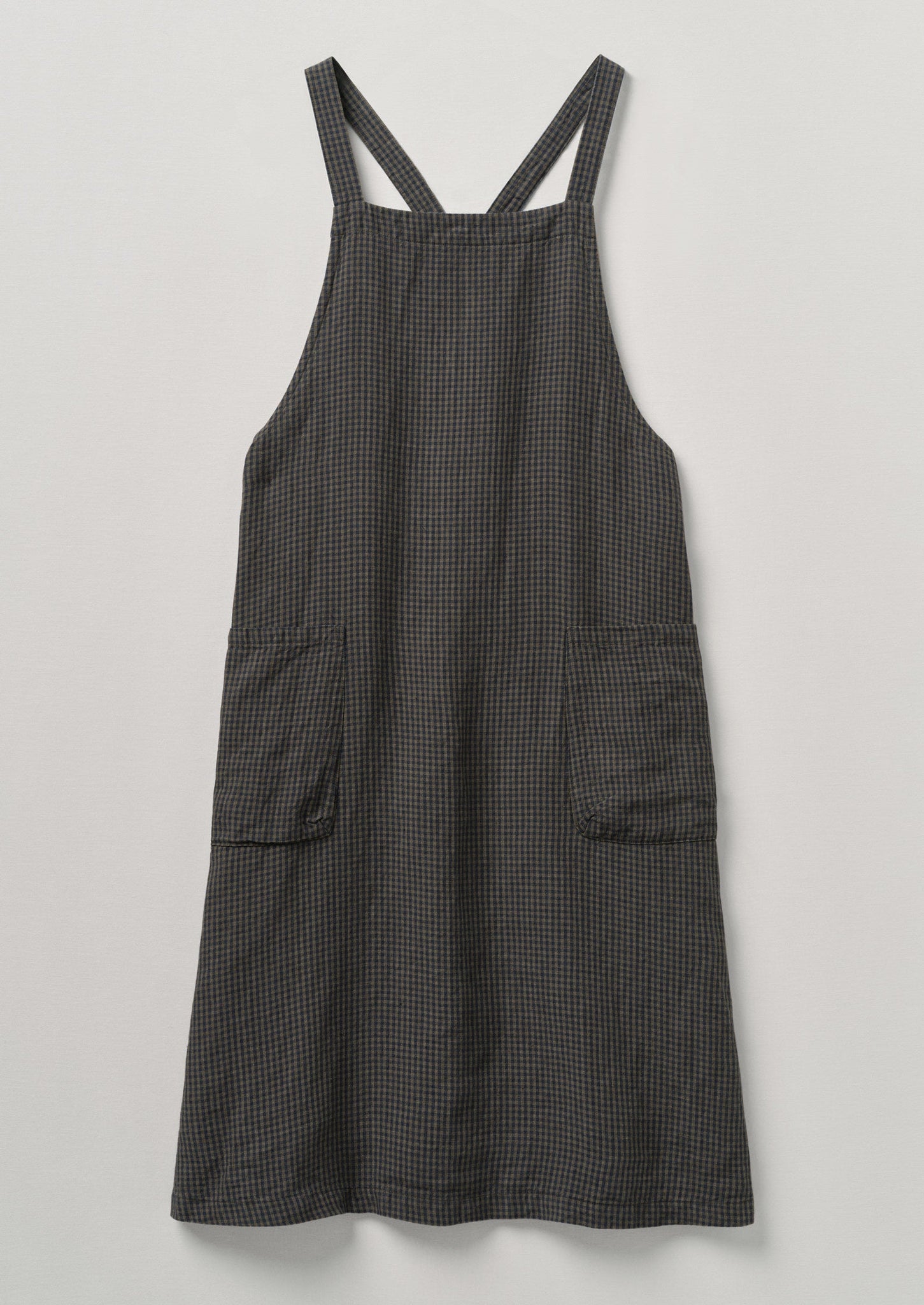 Check Linen Crossback Pinafore Apron | Navy/Chestnut