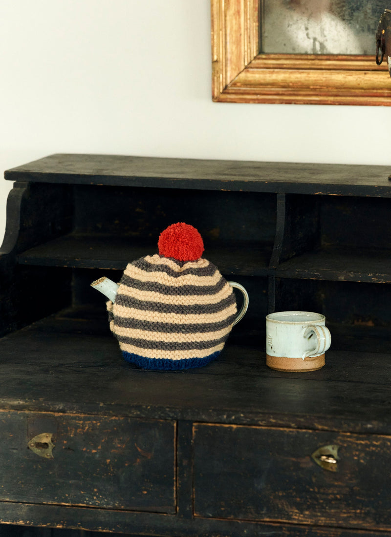 Knitted Stripe Wool Tea Cosy | Chalk/Slate
