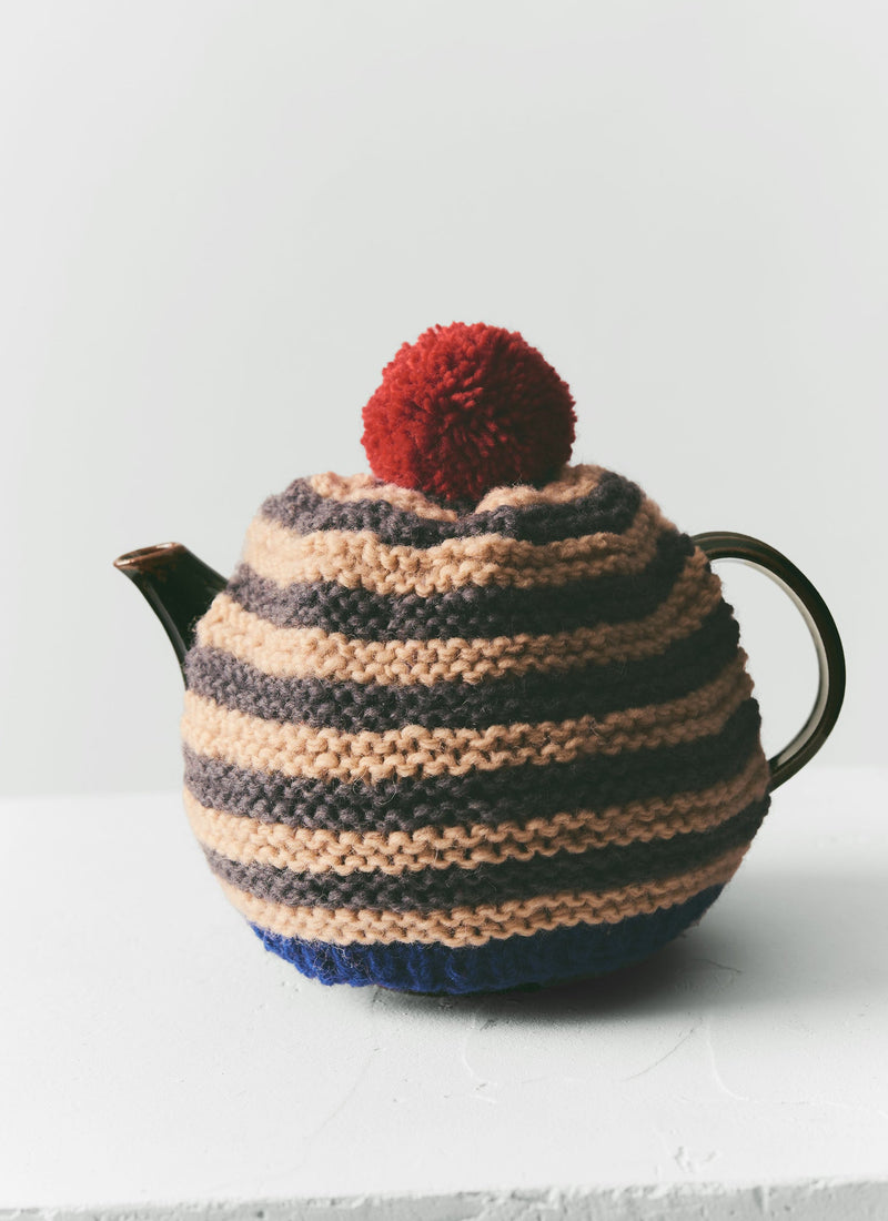 Knitted Stripe Wool Tea Cosy | Chalk/Slate