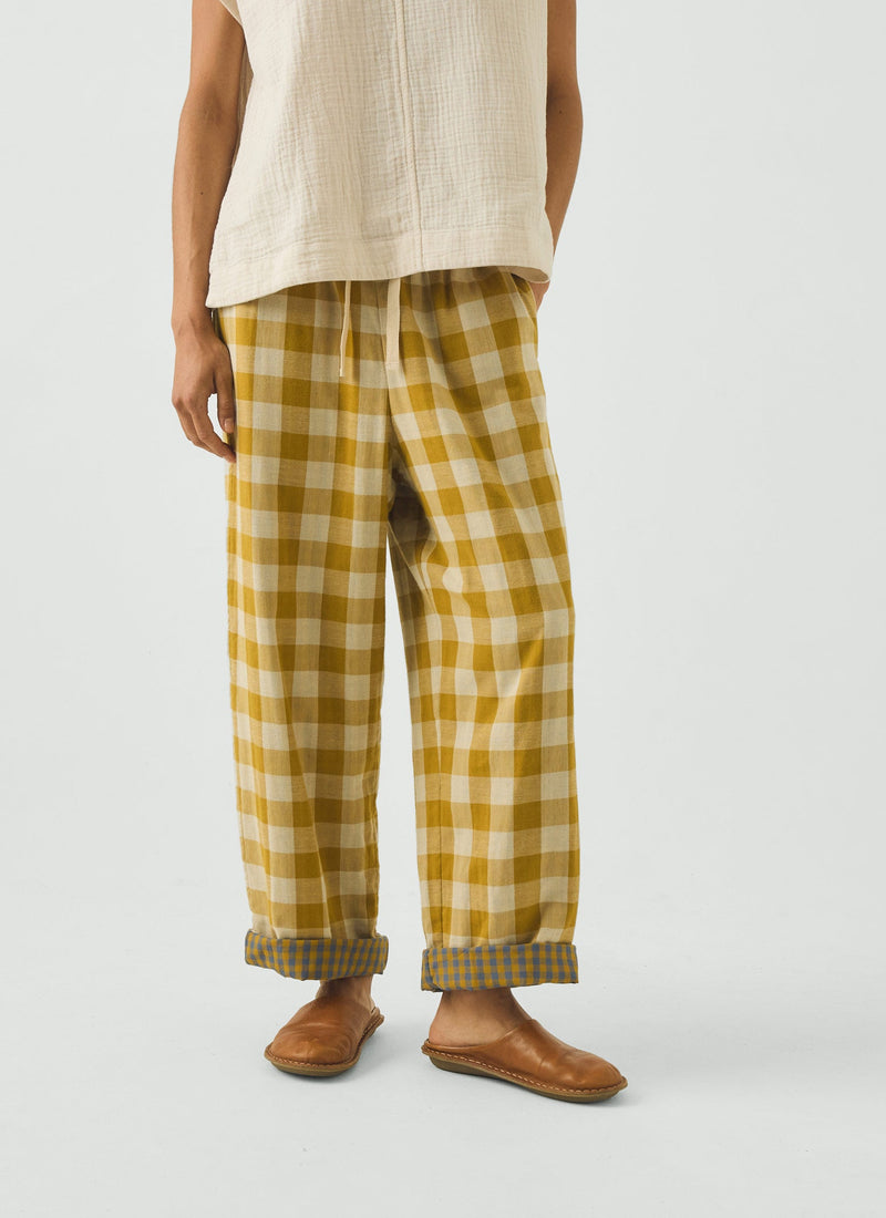 Gingham Faced Cotton Pyjama Pants | Golden Ochre/Washed Hyacinth