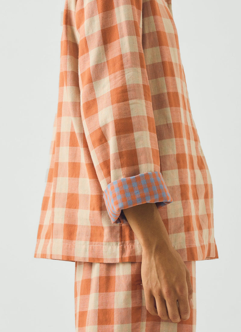 Gingham Face Cotton Pajamas | Coral/Sky Blue