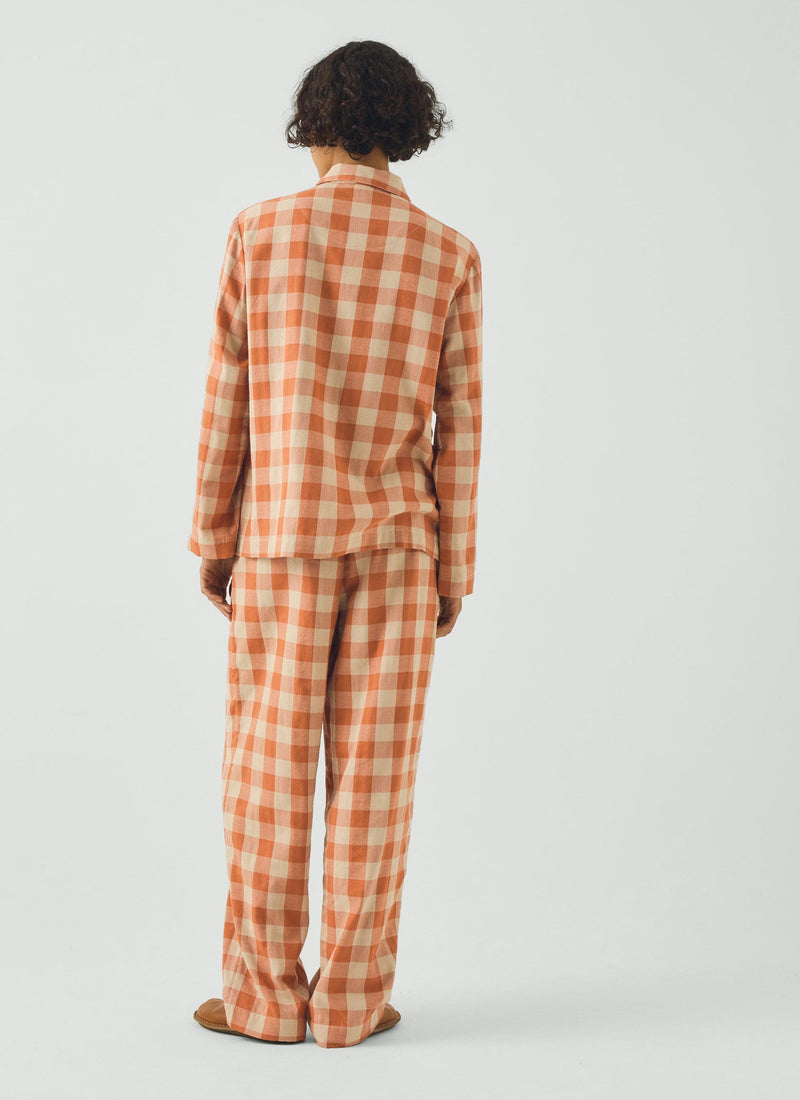Gingham Face Cotton Pajamas | Coral/Sky Blue