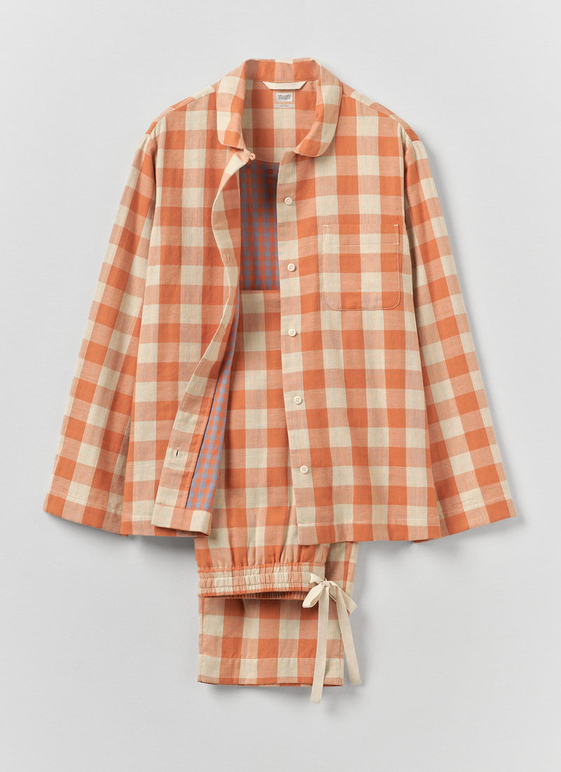 Gingham Face Cotton Pajamas | Coral/Sky Blue
