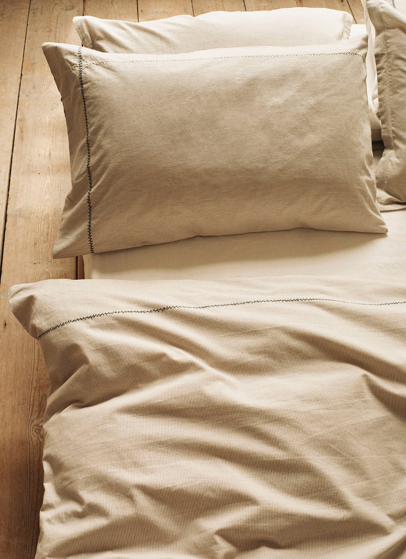 Fine Stripe Organic Cotton Embroidered Pillowcase | Ecru/Smoke Blue