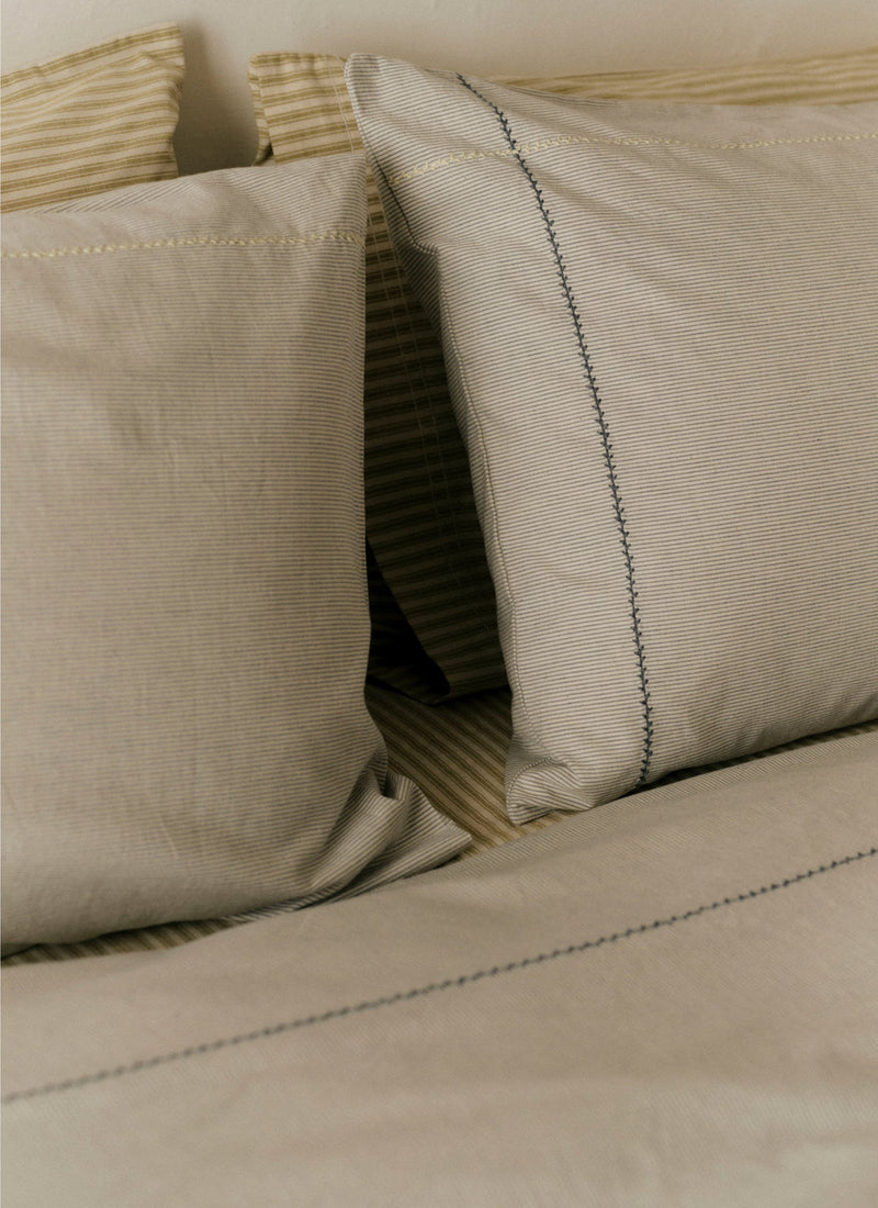 Fine Stripe Organic Cotton Embroidered Pillowcase | Ecru/Smoke Blue