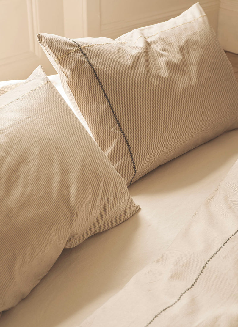 Fine Stripe Organic Cotton Embroidered Pillowcase | Ecru/Smoke Blue