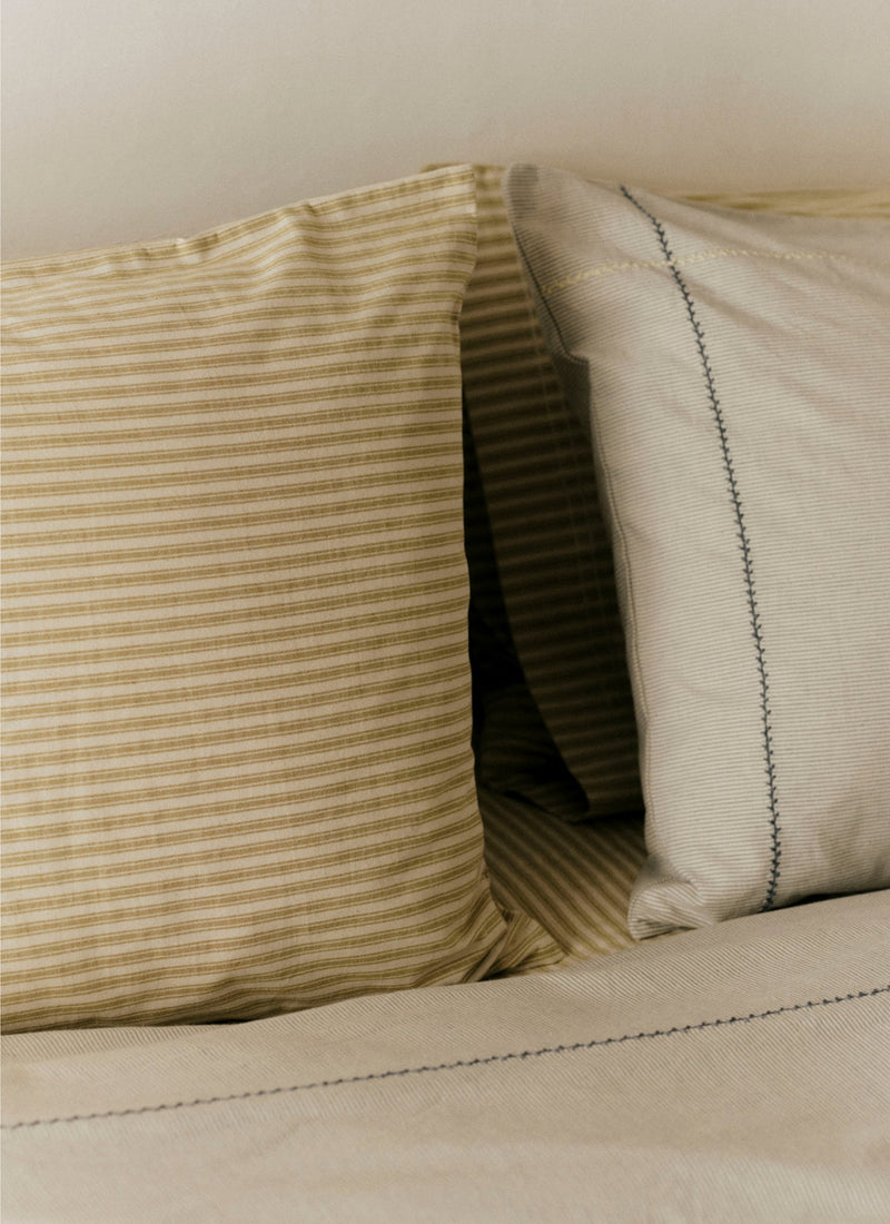 Fine Stripe Organic Cotton Embroidered Pillowcase | Ecru/Smoke Blue