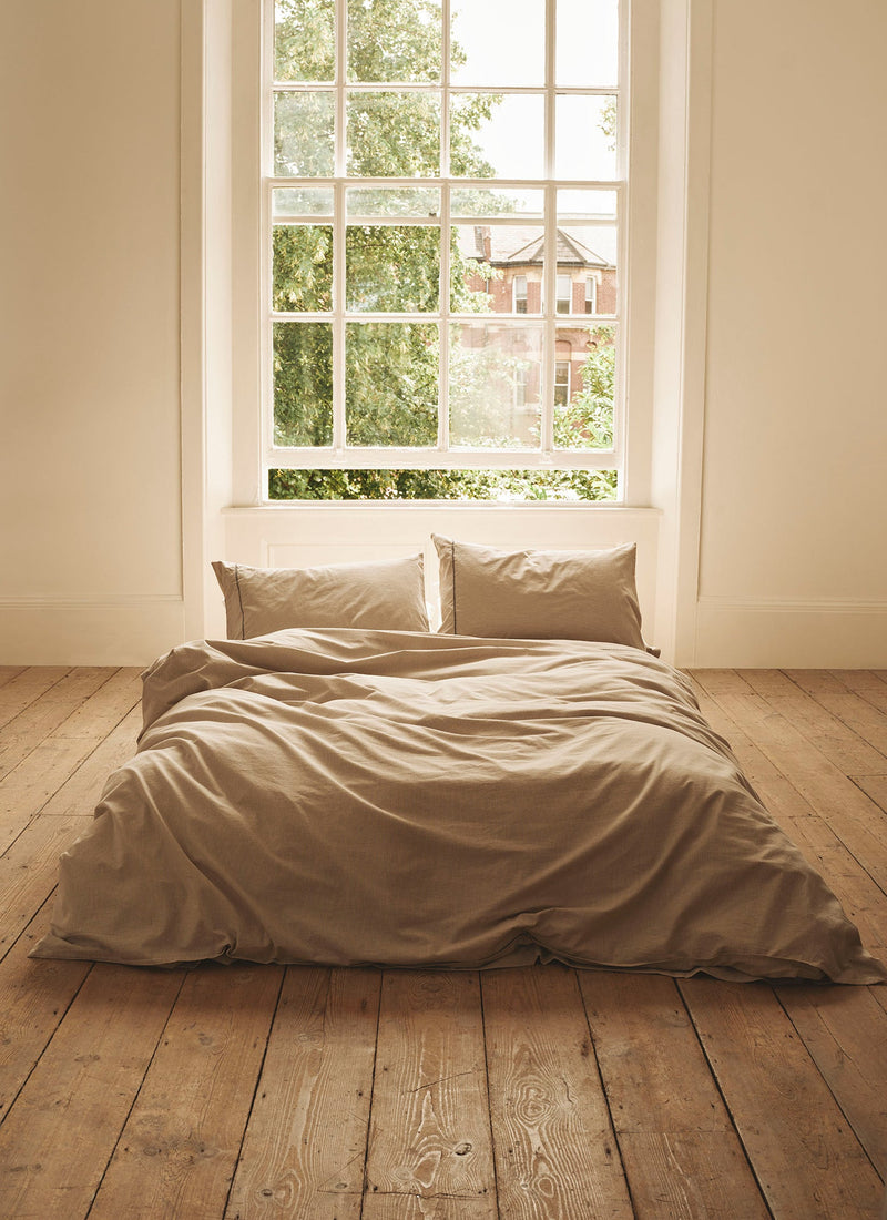Fine Stripe Organic Cotton Embroidered Pillowcase | Ecru/Smoke Blue