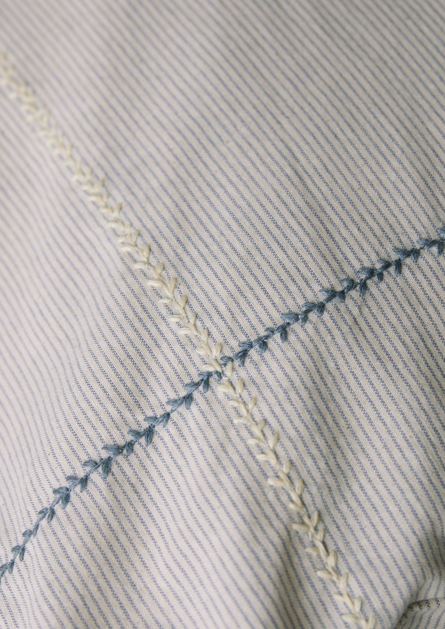 Fine Stripe Organic Cotton Embroidered Pillowcase | Ecru/Smoke Blue