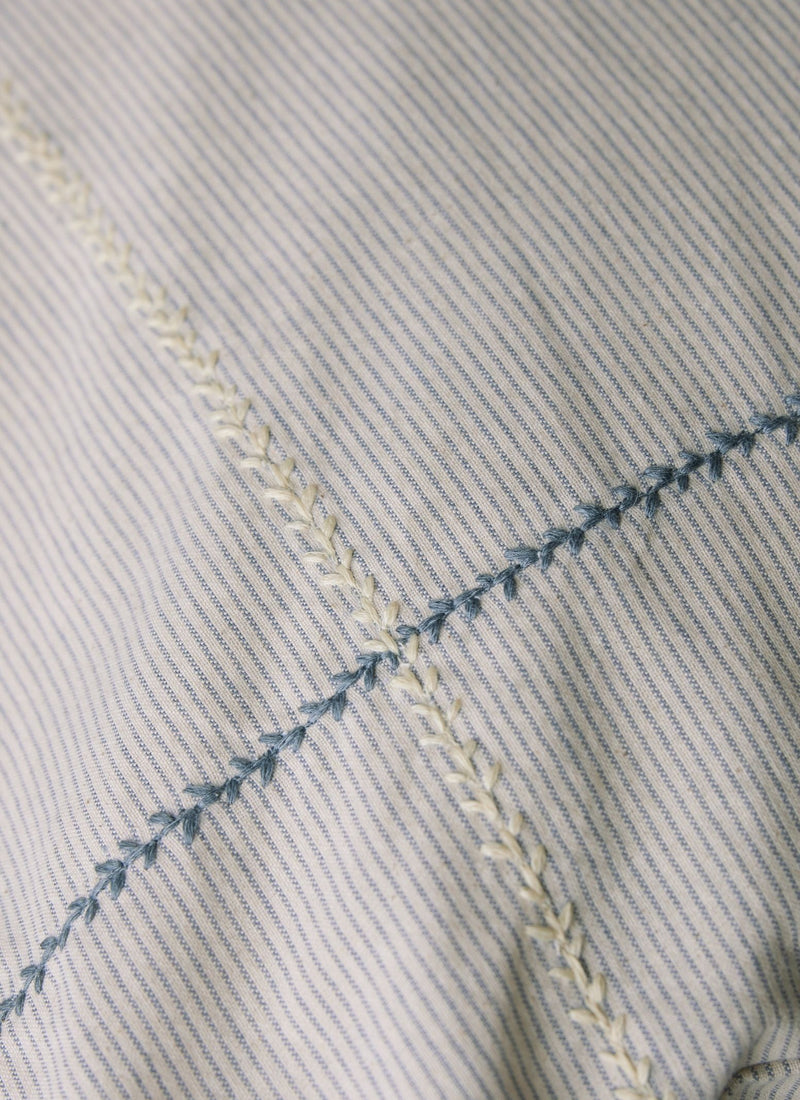 Fine Stripe Organic Cotton Embroidered Pillowcase | Ecru/Smoke Blue