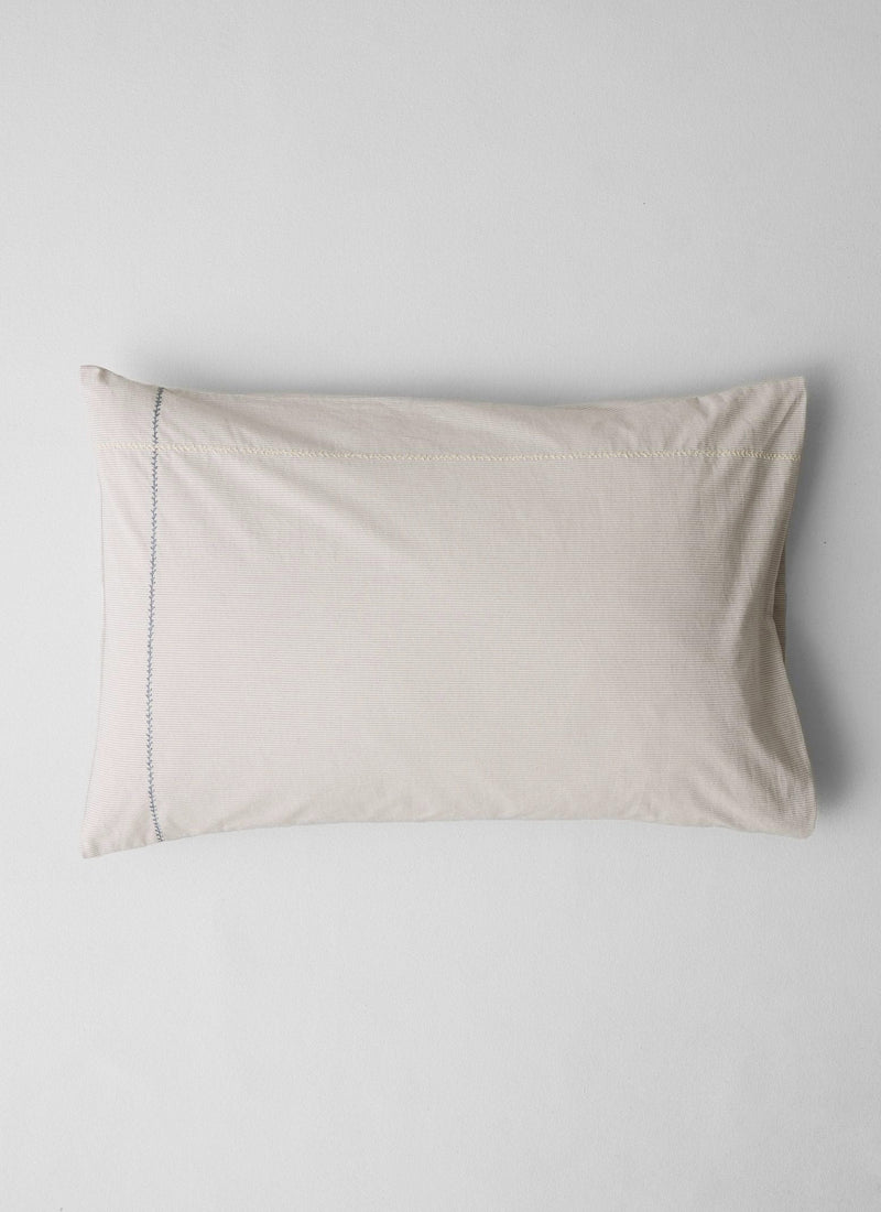 Fine Stripe Organic Cotton Embroidered Pillowcase | Ecru/Smoke Blue
