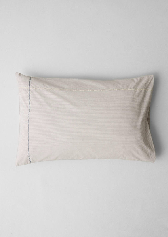 Fine Stripe Organic Cotton Embroidered Pillowcase | Ecru/Smoke Blue