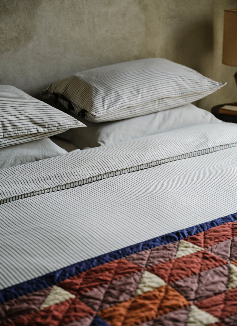 Organic Cotton Pajama Stripe Housewife Pillowcase | Navy/Ecru
